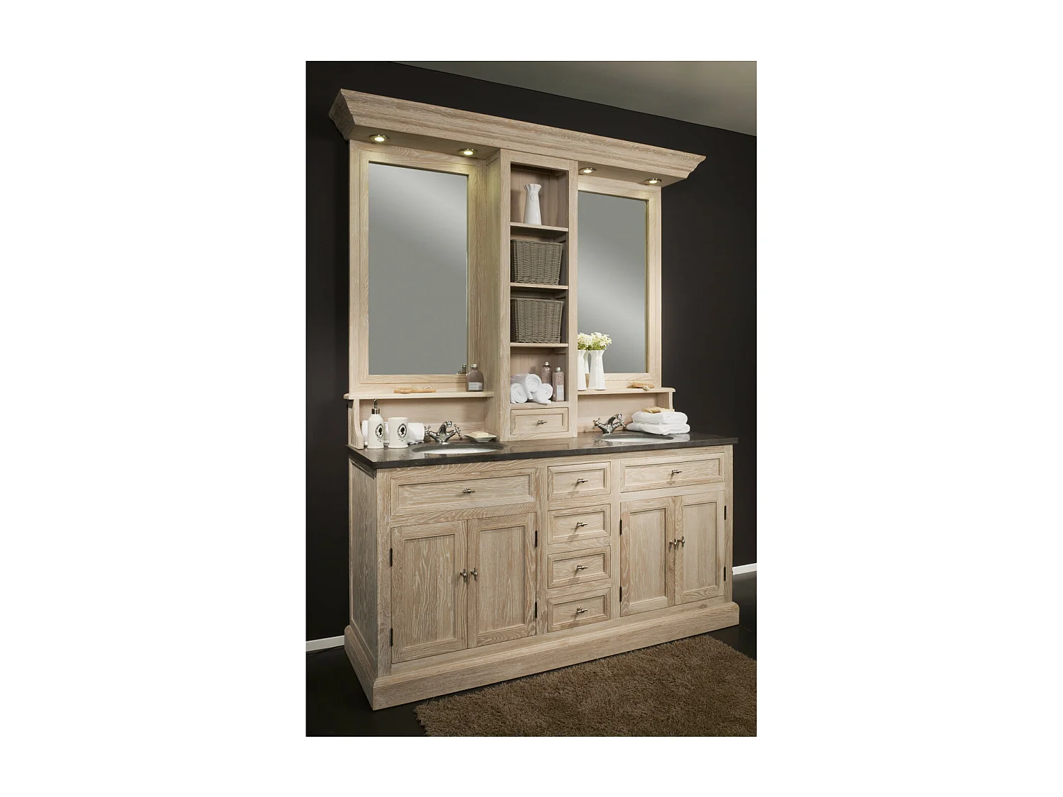 Meuble de salle de bain double vasque en chêne massif et sa crédence - VÉRONE