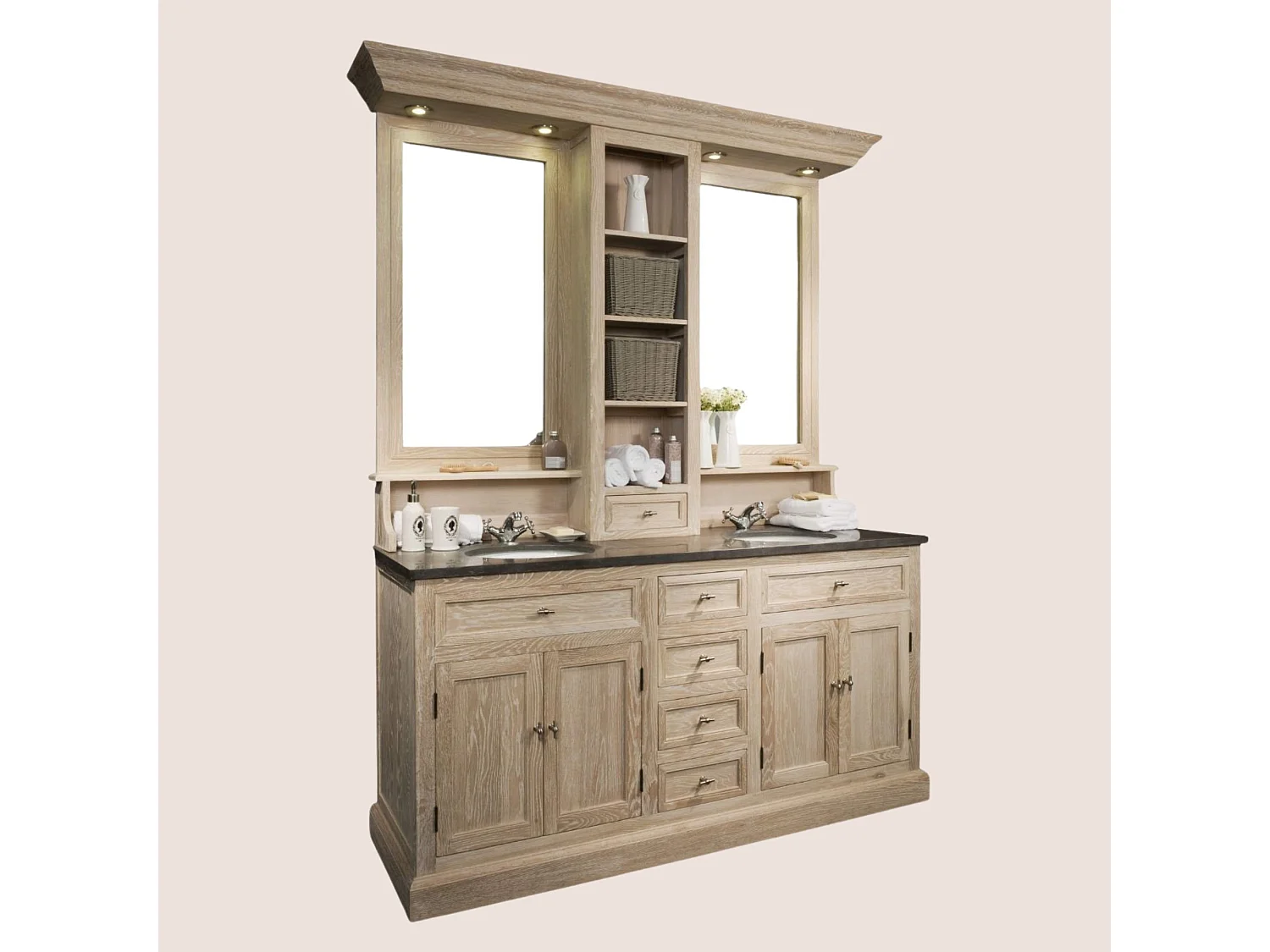 Meuble de salle de bain double vasque en chêne massif et sa crédence - VÉRONE