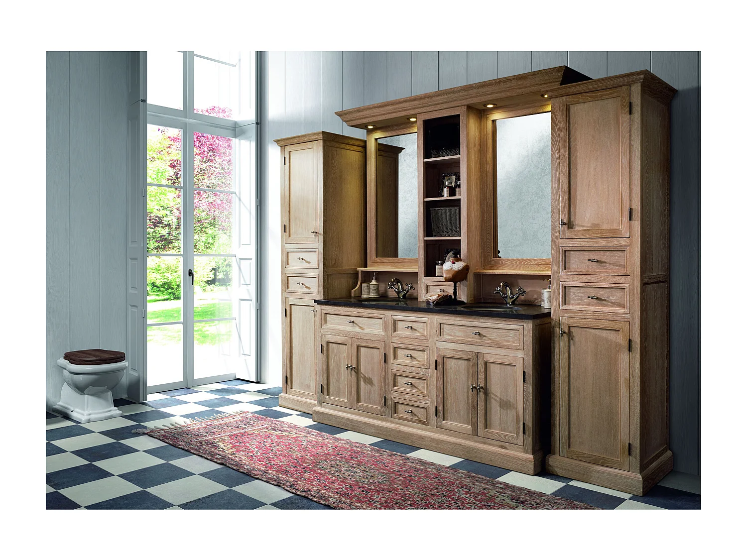 Meuble de salle de bain double vasque en chêne massif et sa crédence - VÉRONE