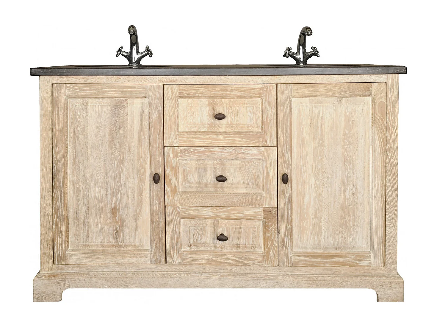 Meuble de salle de bain en chêne double vasque et plan en pierre - VIENNE II