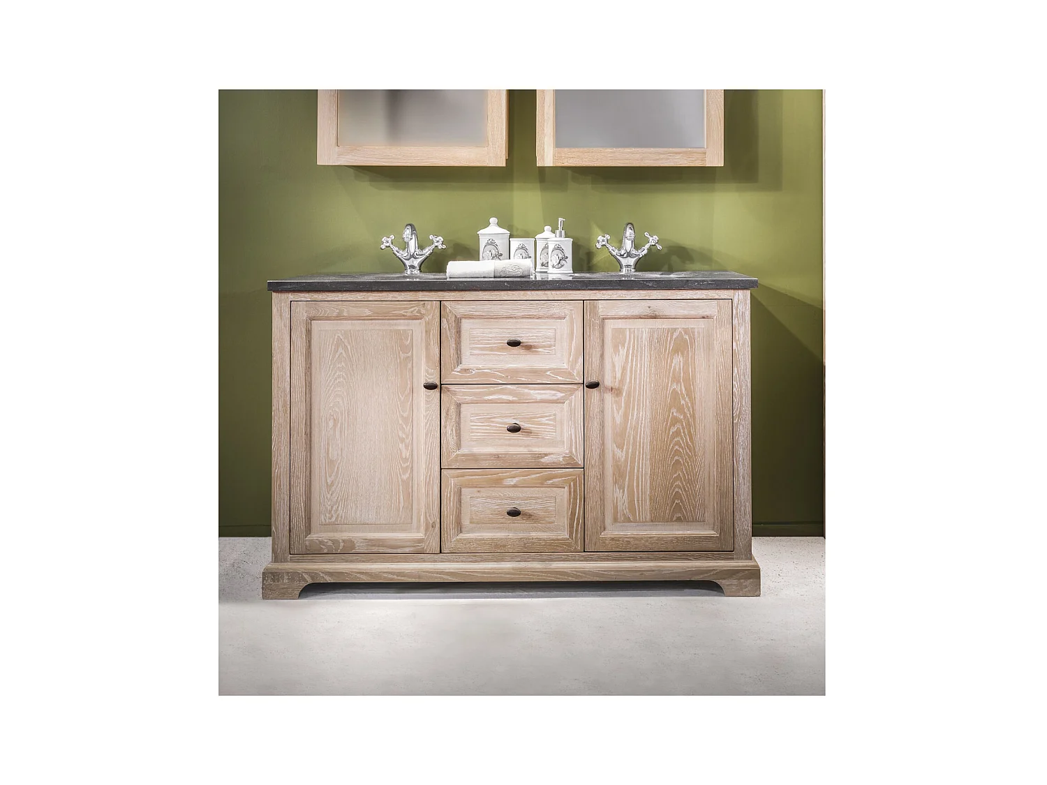 Meuble de salle de bain en chêne double vasque et plan en pierre - VIENNE II