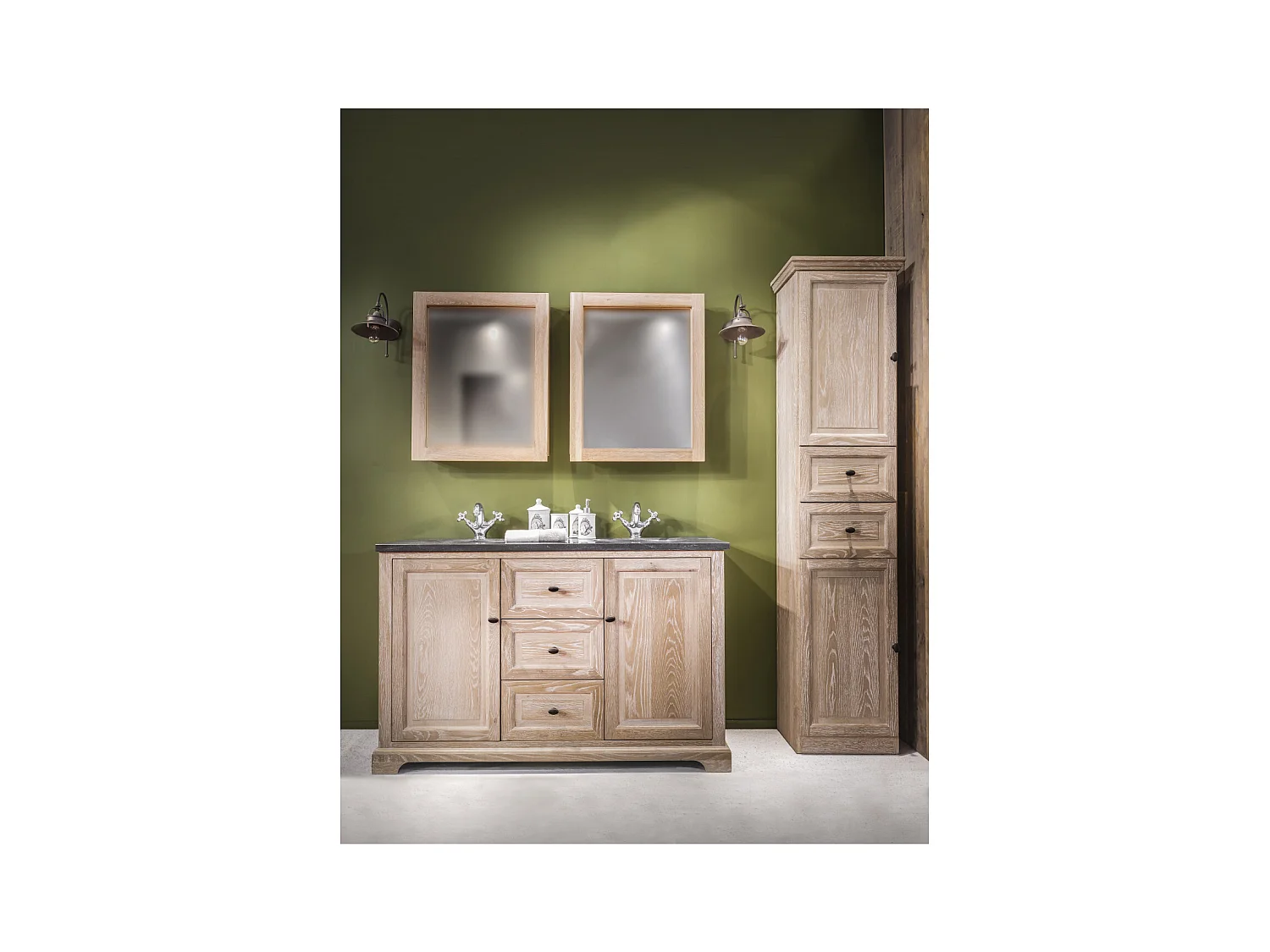 Meuble de salle de bain en chêne double vasque et plan en pierre - VIENNE II