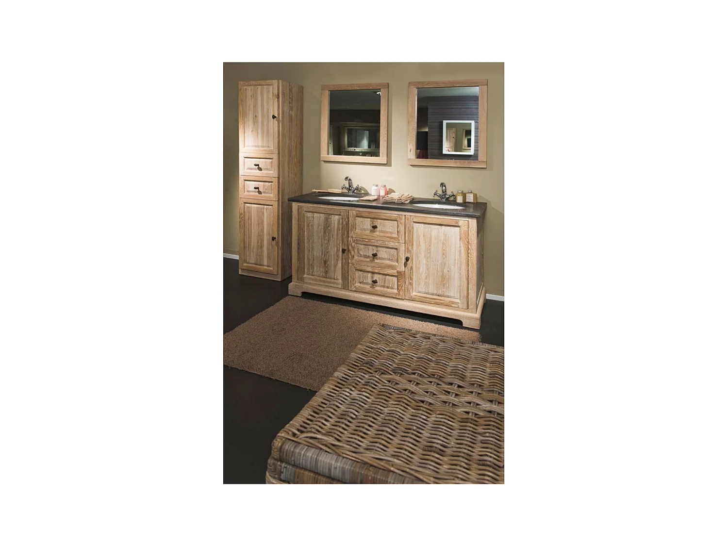 Meuble de salle de bain en chêne double vasque et plan en pierre - VIENNE II