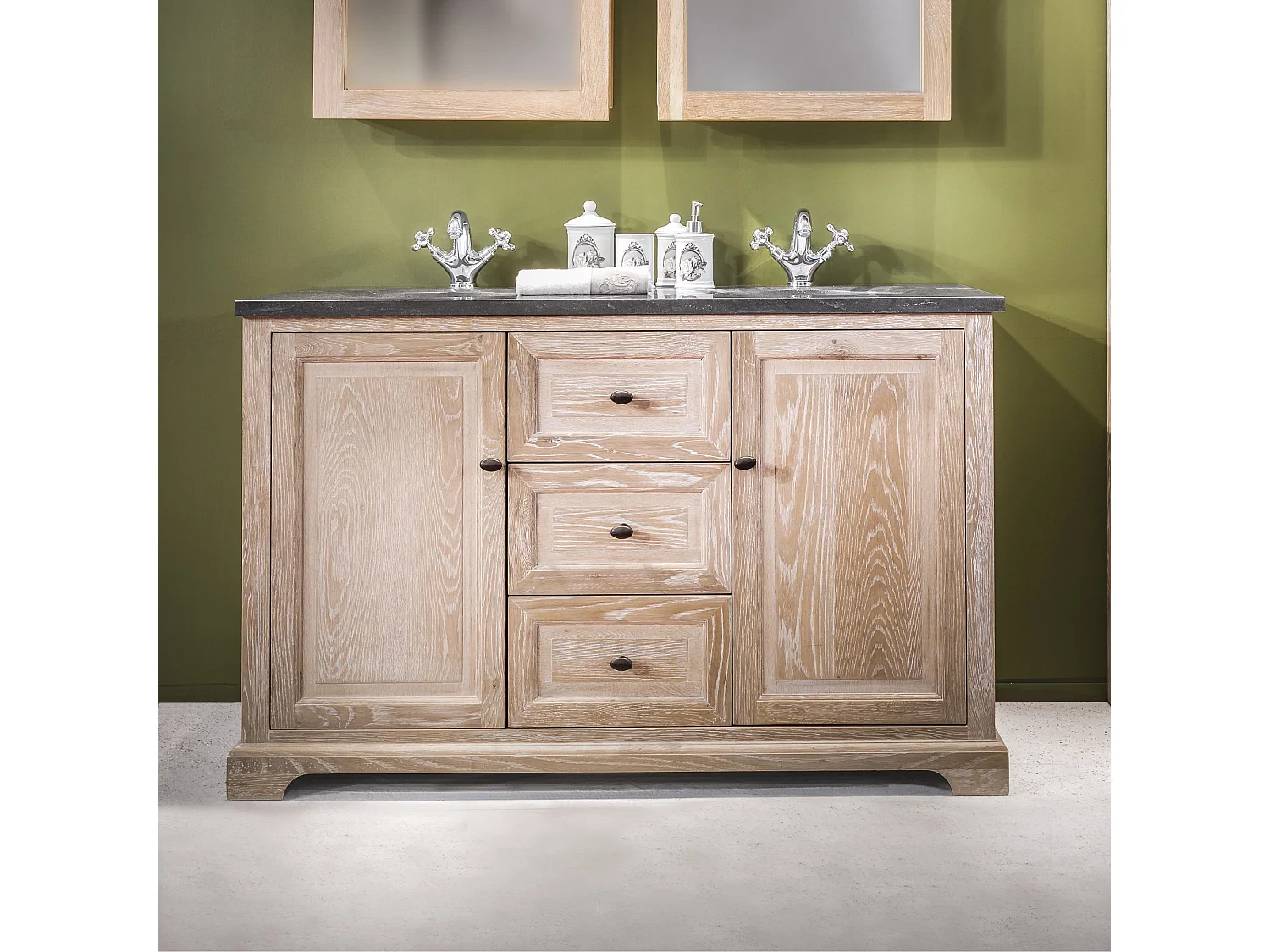 Meuble de salle de bain en chêne double vasque et plan en pierre - VIENNE II