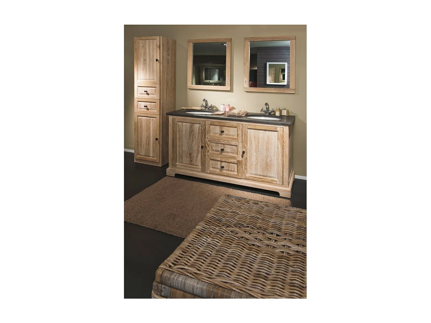 Meuble de salle de bain en chêne double vasque et plan en pierre - VIENNE II