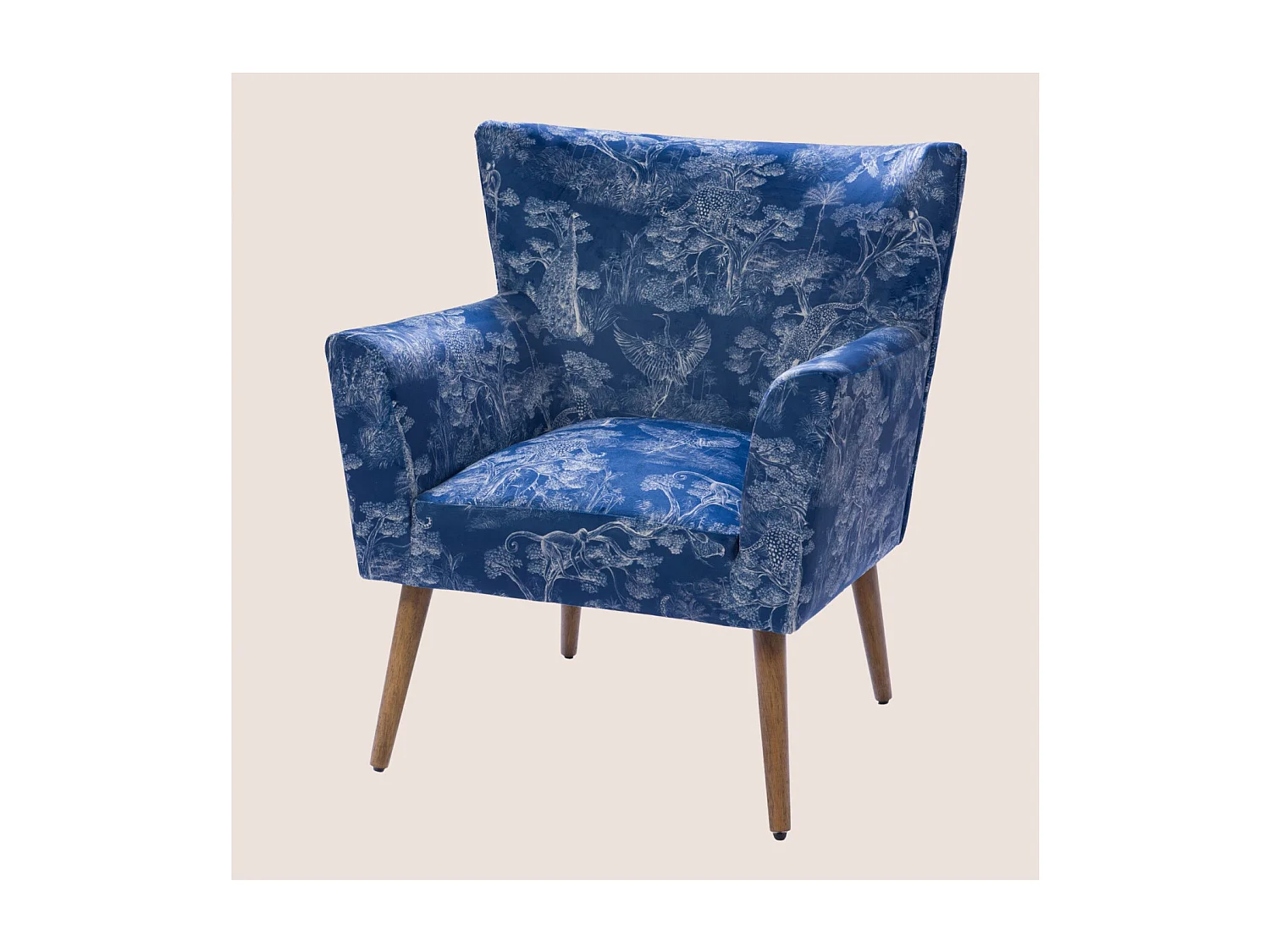 Fauteuil à accoudoirs en tissu peau de pêche bleu à motifs - HERON
