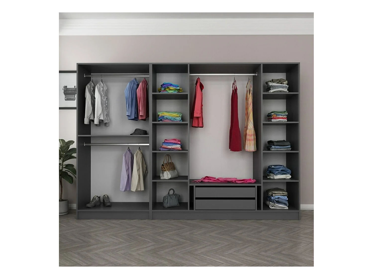 Kompakter Ankleideschrank in Anthrazit mit Regalen und Kleiderstangen - 90 x 210 x 52 cm