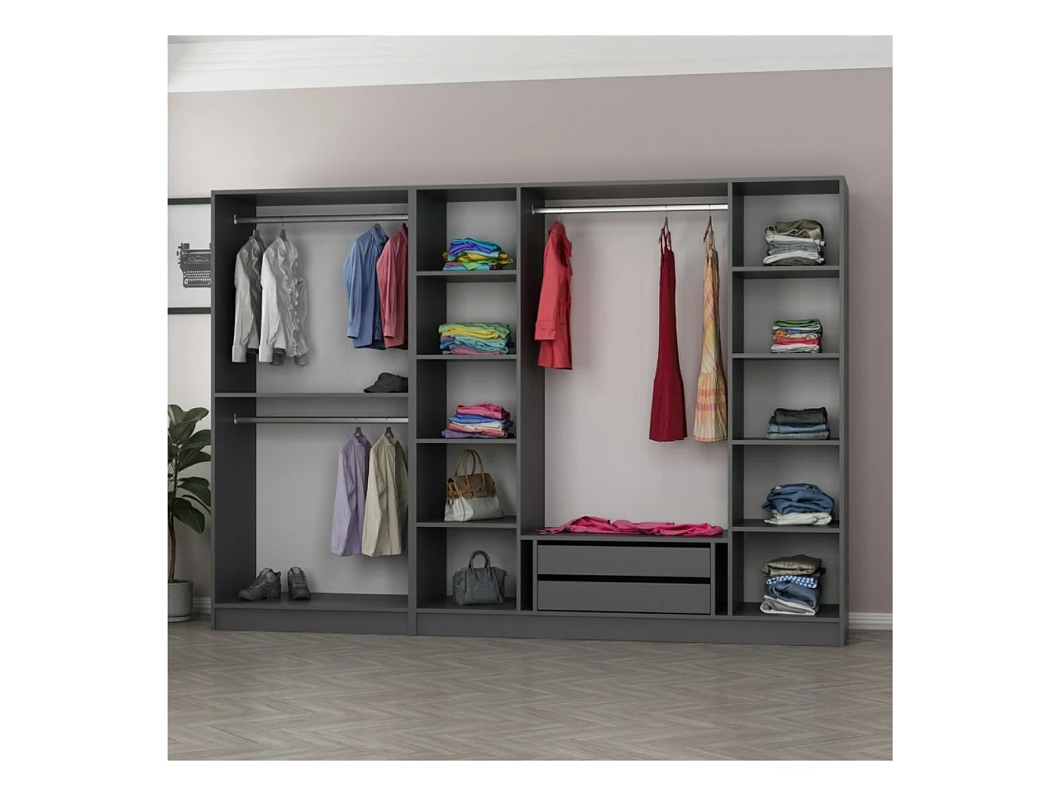 Kompakter Ankleideschrank in Anthrazit mit Regalen und Kleiderstangen - 90 x 210 x 52 cm