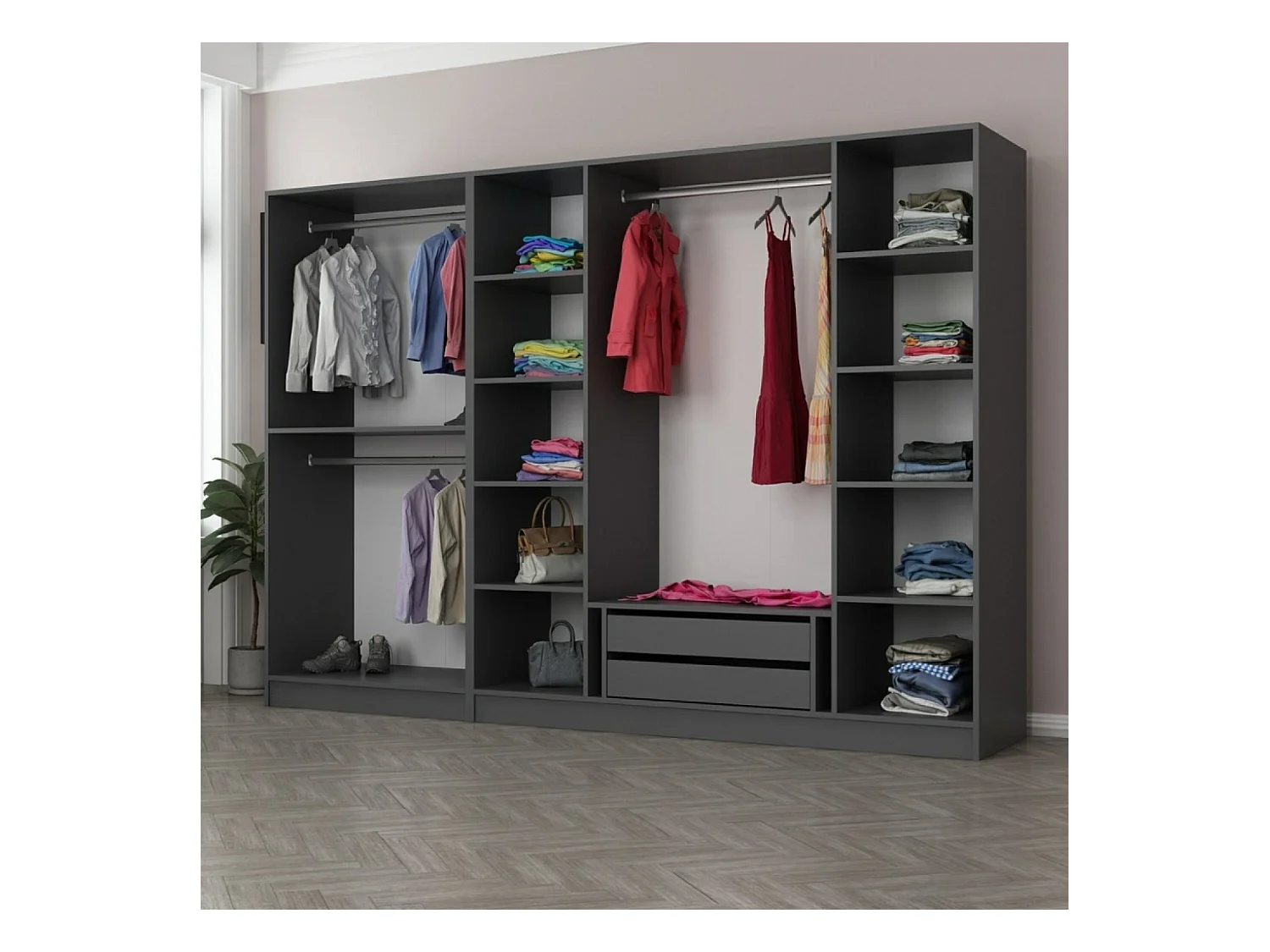Kompakter Ankleideschrank in Anthrazit mit Regalen und Kleiderstangen - 90 x 210 x 52 cm