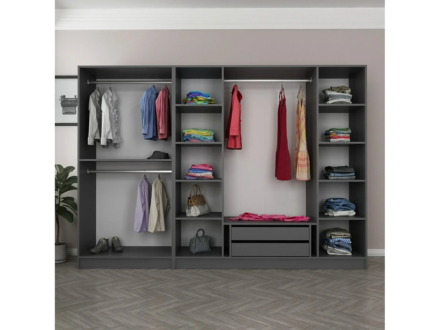 Dressing avec étagères et penderie - 15 espaces de stockage - 270 x 210 x 52 cm OPERA