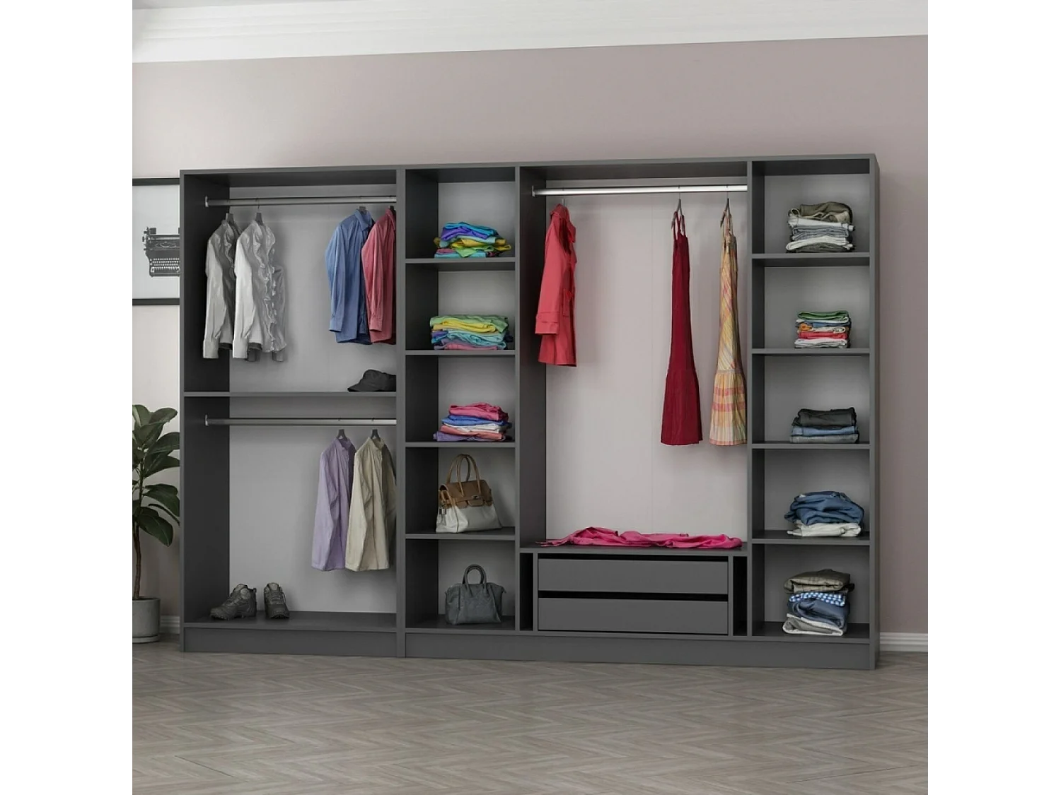 Dressing avec étagères et penderie - 15 espaces de stockage - 270 x 210 x 52 cm OPERA