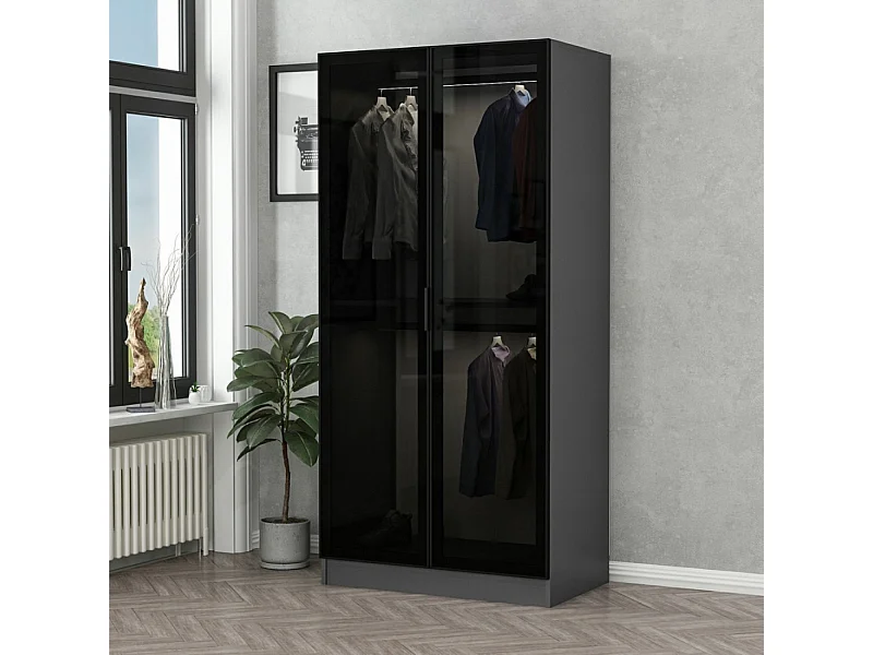 Antrazitfarbener kompakter Kleiderschrank mit Regalen und Kleiderstangen - RIVOLI - 90 x 210 x 52 cm