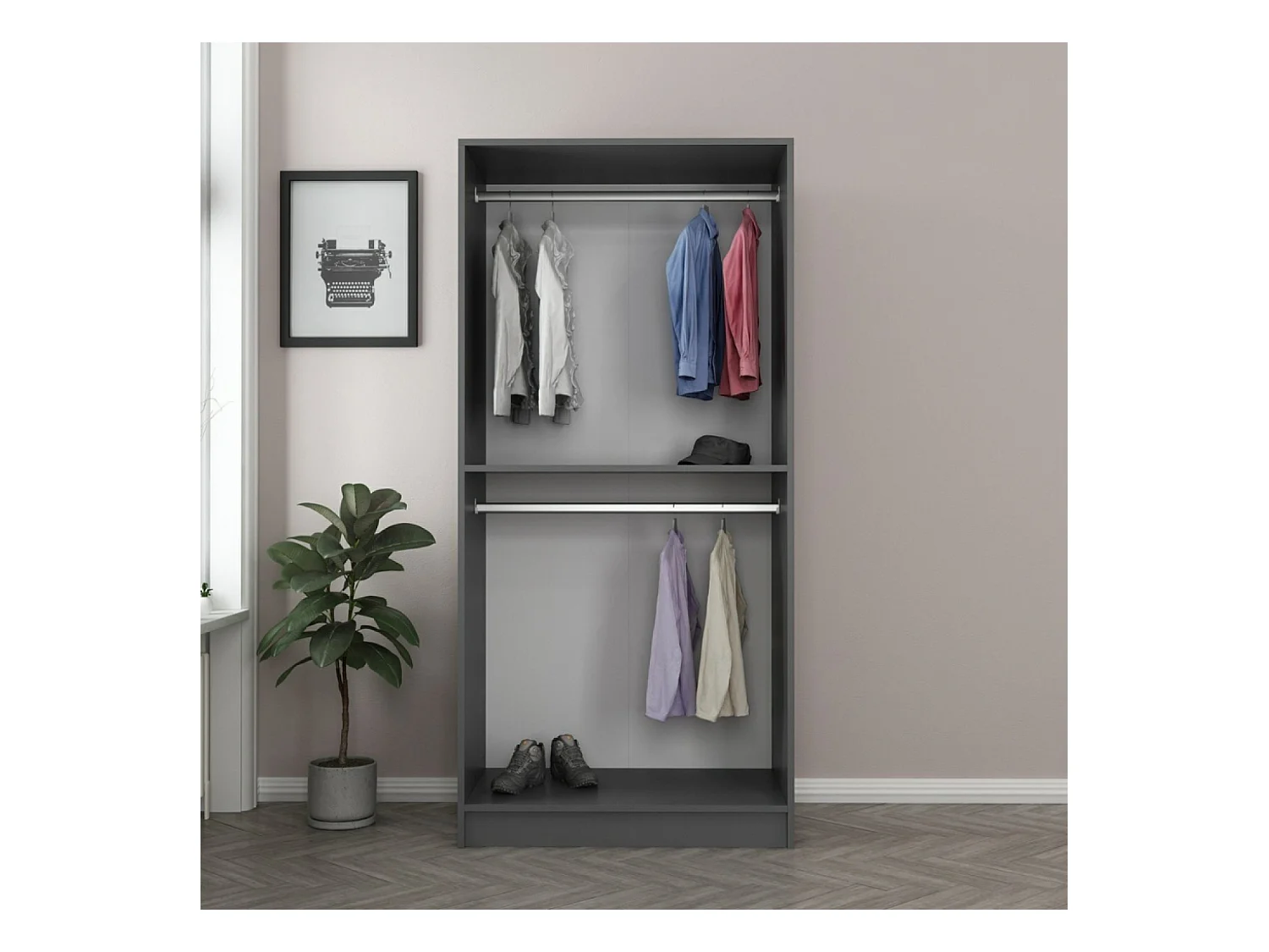 Antrazitfarbener kompakter Kleiderschrank mit Regalen und Kleiderstangen - RIVOLI - 90 x 210 x 52 cm