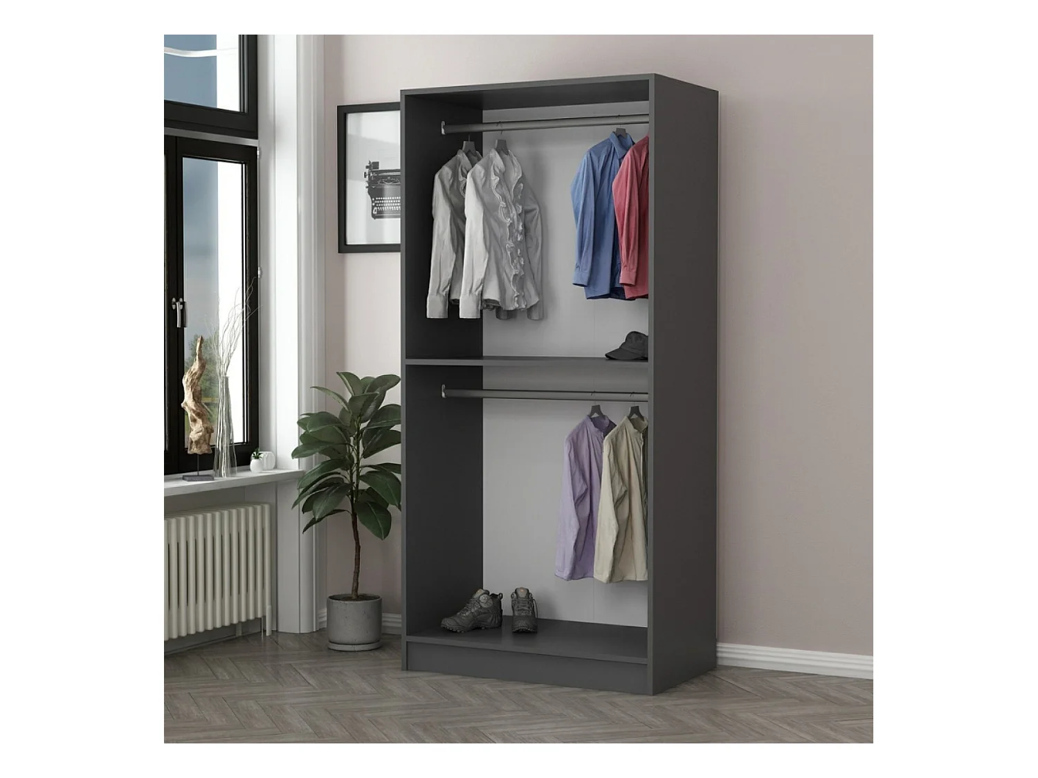 Antrazitfarbener kompakter Kleiderschrank mit Regalen und Kleiderstangen - RIVOLI - 90 x 210 x 52 cm