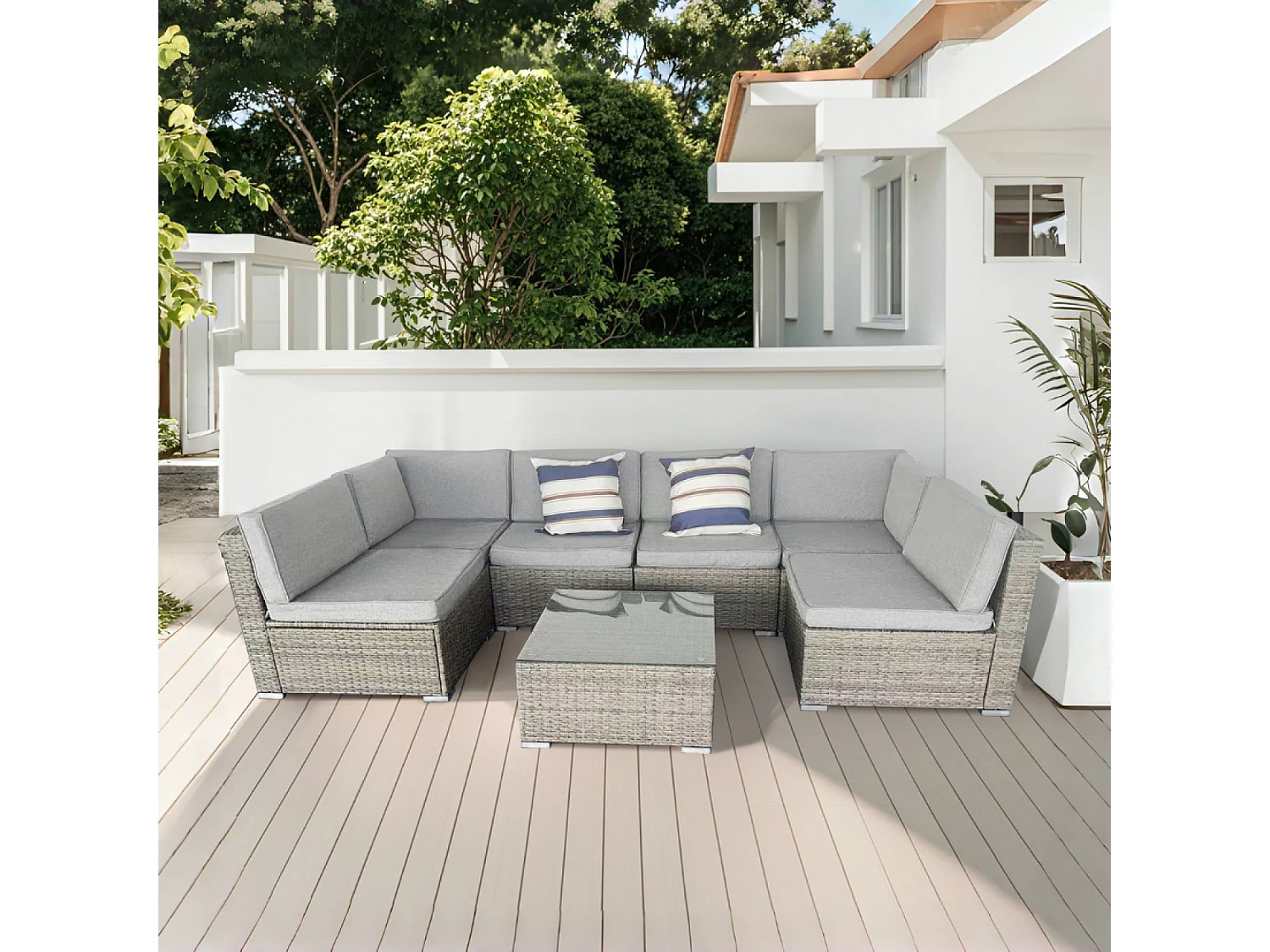 Set 6 posti di mobili da giardino componibili in resina intrecciata - grigio e grigio ALDABRA