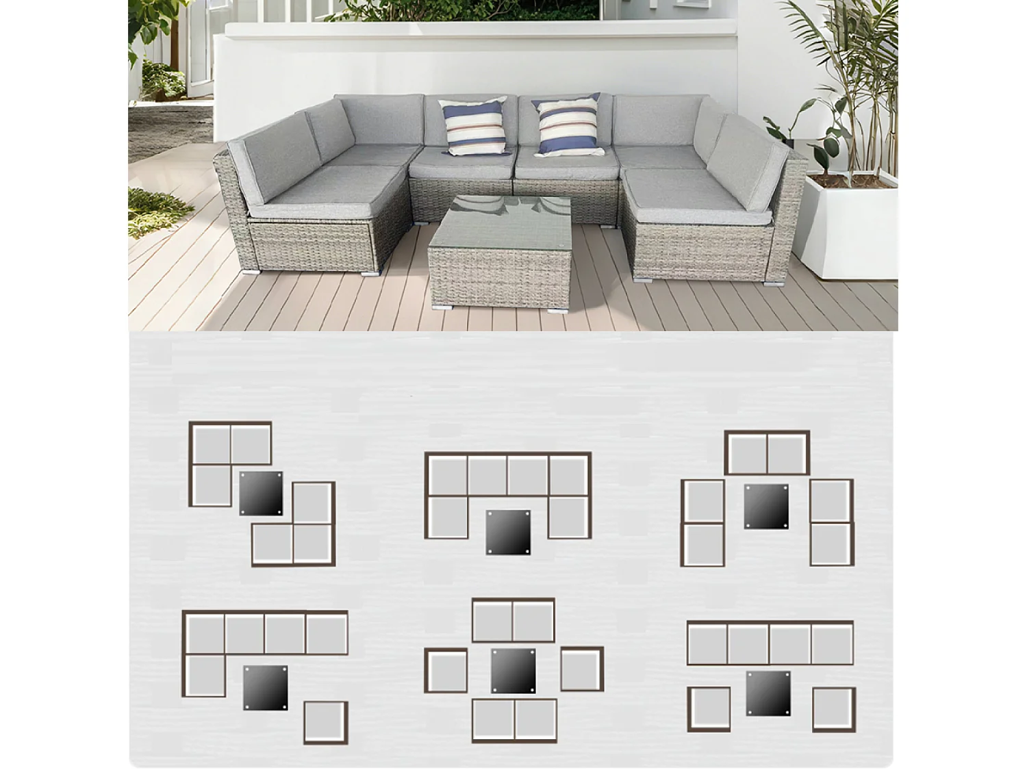 Set 6 posti di mobili da giardino componibili in resina intrecciata - grigio e grigio ALDABRA
