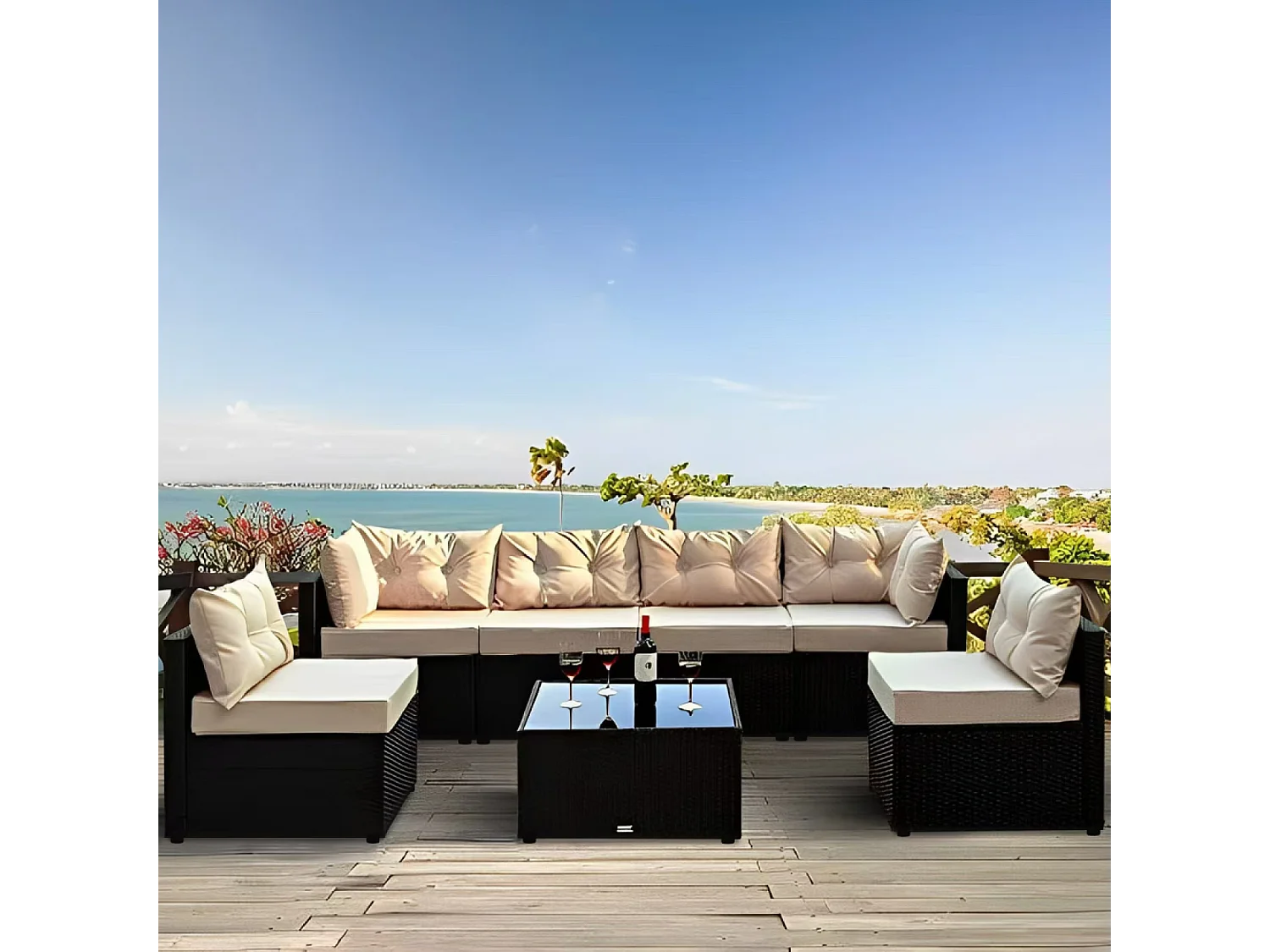 Modulaire Loungeset 5-Zits van Vlechtwerk NACULA Zwart met Beige Kussens