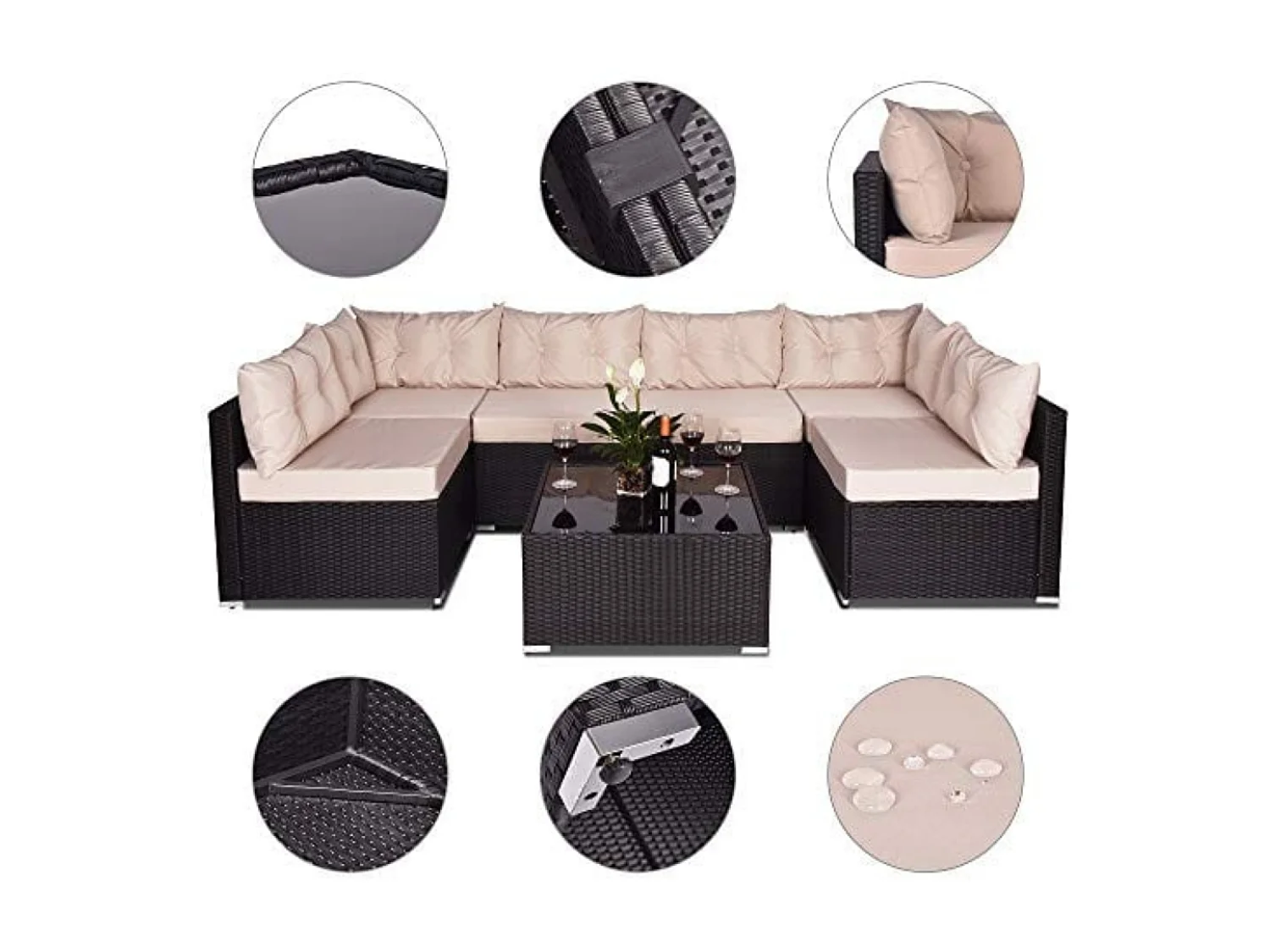 Modulaire Loungeset 5-Zits van Vlechtwerk NACULA Zwart met Beige Kussens