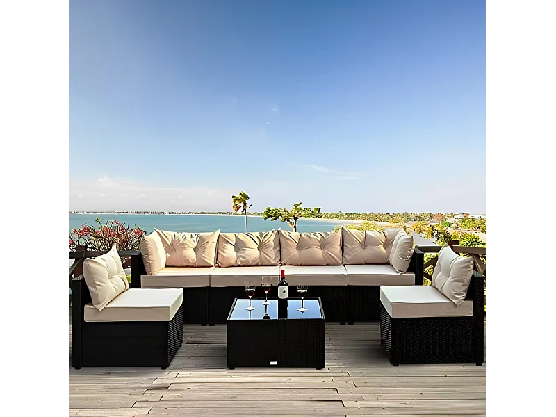 Modulares 5-Sitzer Gartenmöbel-Set aus Polyrattan NACULA Schwarz mit Beigen Kissen