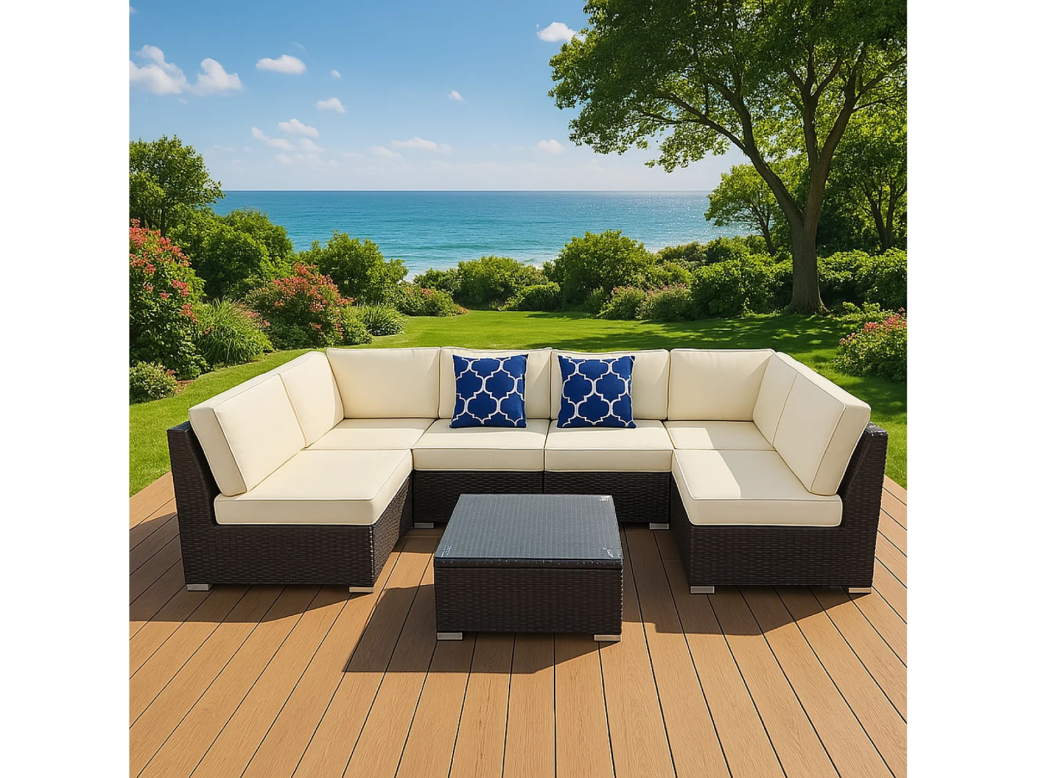 Set di mobili da giardino modulari a 6 posti in resina intrecciata - beige ALDABRA