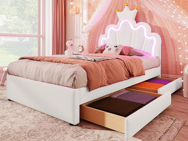 Gestoffeerd kinderbed 90x200 cm - met LED en 2 lades - Wit