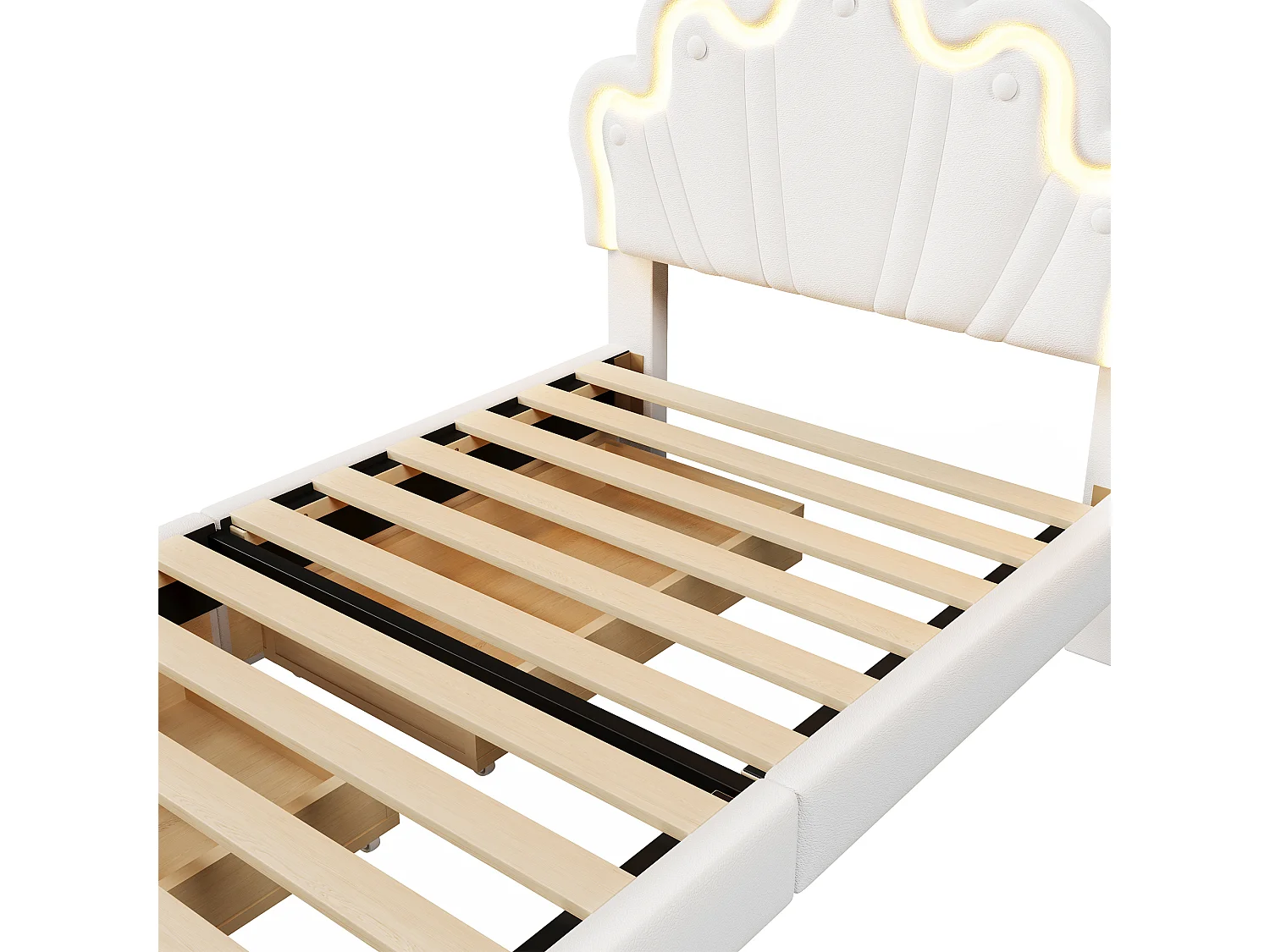 Gepolstertes Kinderbett 90x200 cm – mit LED und 2 Schubladen – Weiß