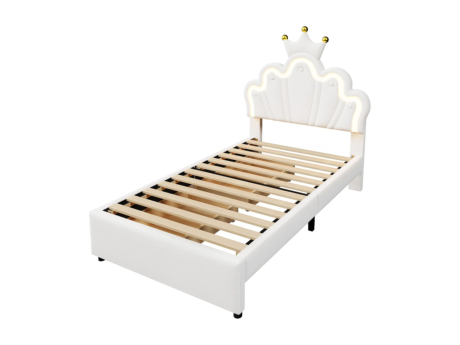 Gepolstertes Kinderbett 90x200 cm – mit LED und 2 Schubladen – Weiß