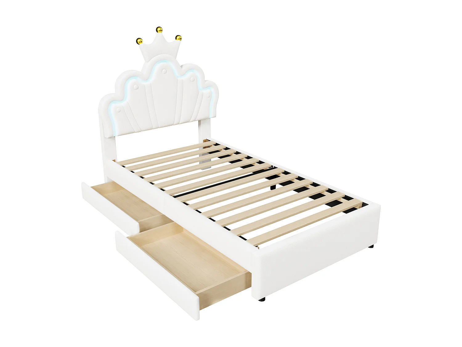 Gepolstertes Kinderbett 90x200 cm – mit LED und 2 Schubladen – Weiß