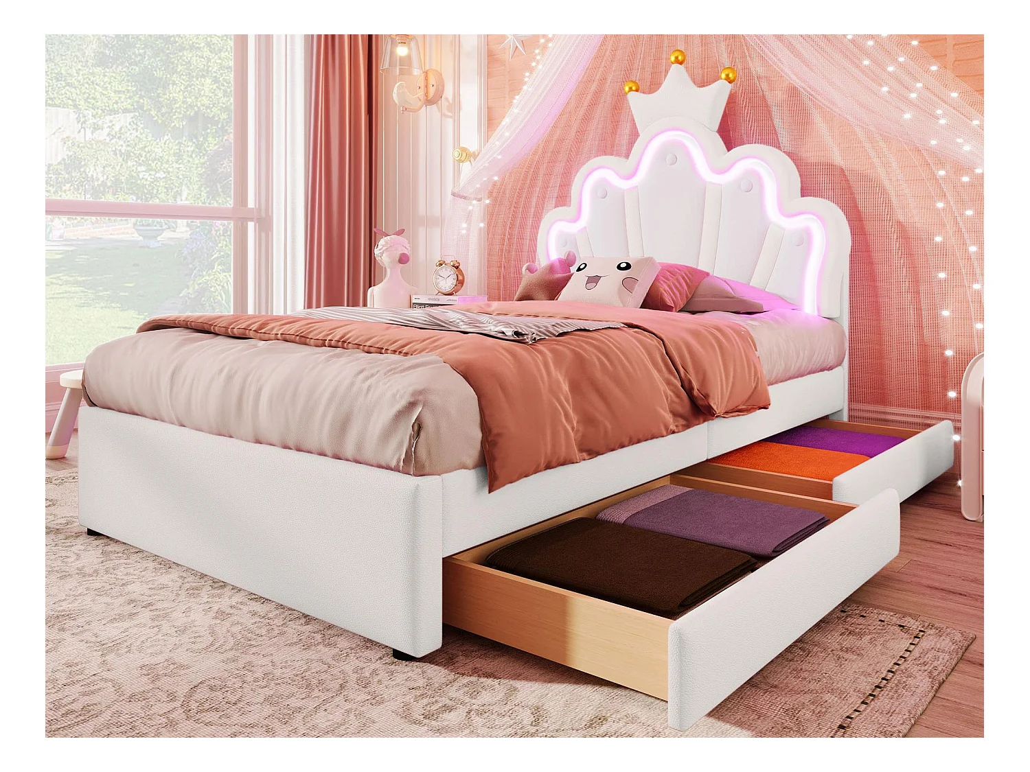 Lit enfant rembourré 90x200 cm - avec LED et 2 tiroirs - Blanc