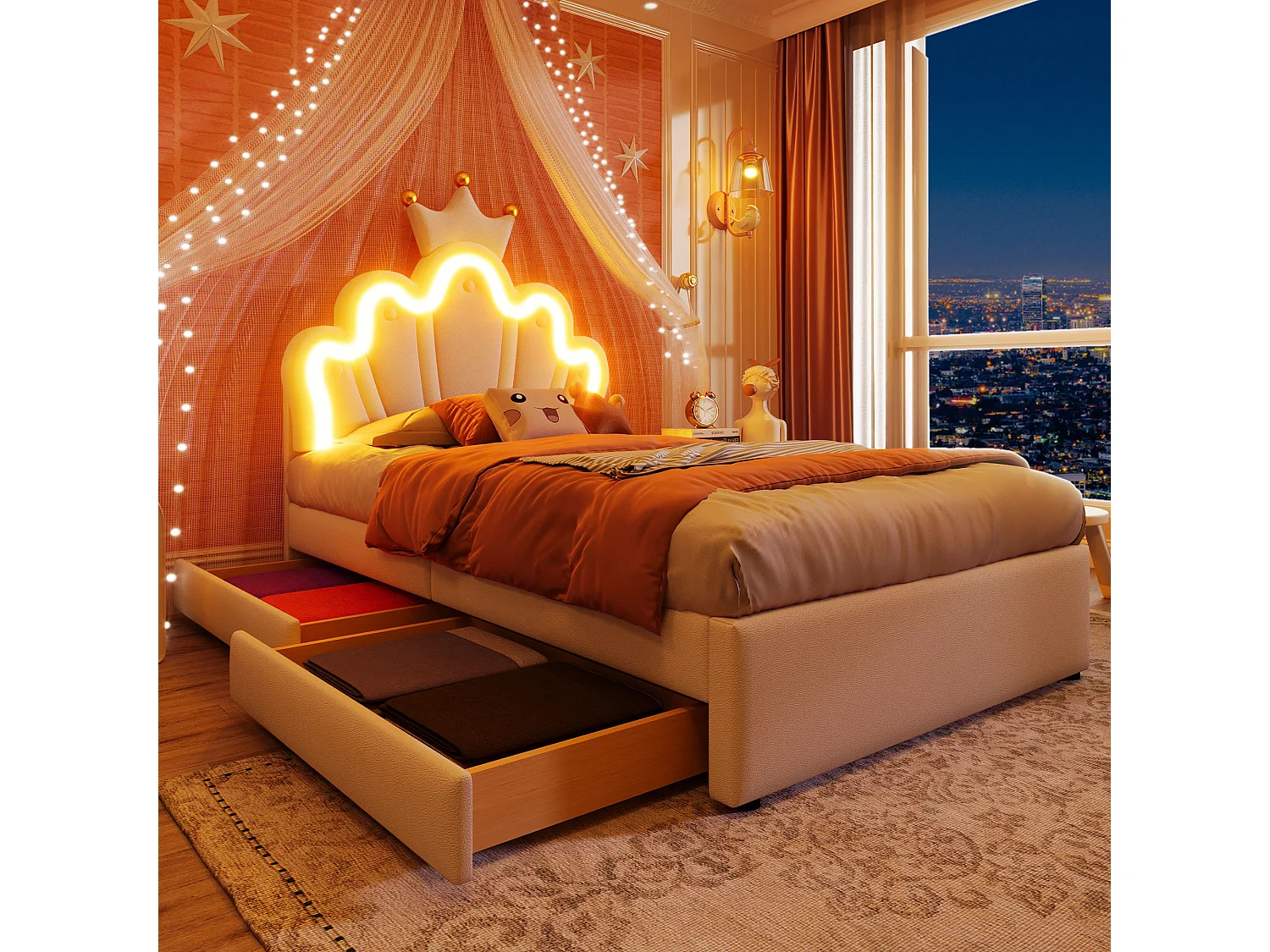 Lit enfant rembourré 90x200 cm - avec LED et 2 tiroirs - Blanc