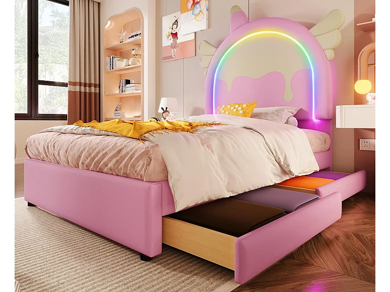 Lit simple rembourré en similicuir 90x200 cm - avec LED et 2 tiroirs - Rose