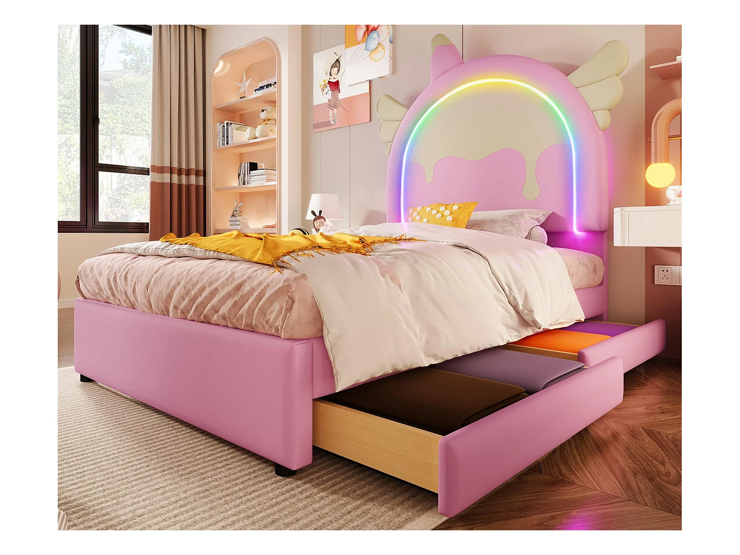 Lit simple rembourré en similicuir 90x200 cm - avec LED et 2 tiroirs - Rose