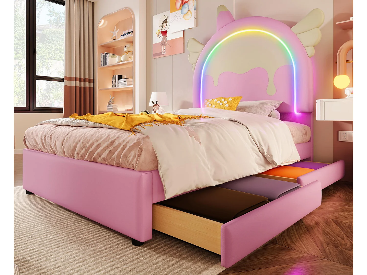 Einzelbett mit Kunstlederbezug 90x200 cm – mit LED und 2 Schubladen – Pink