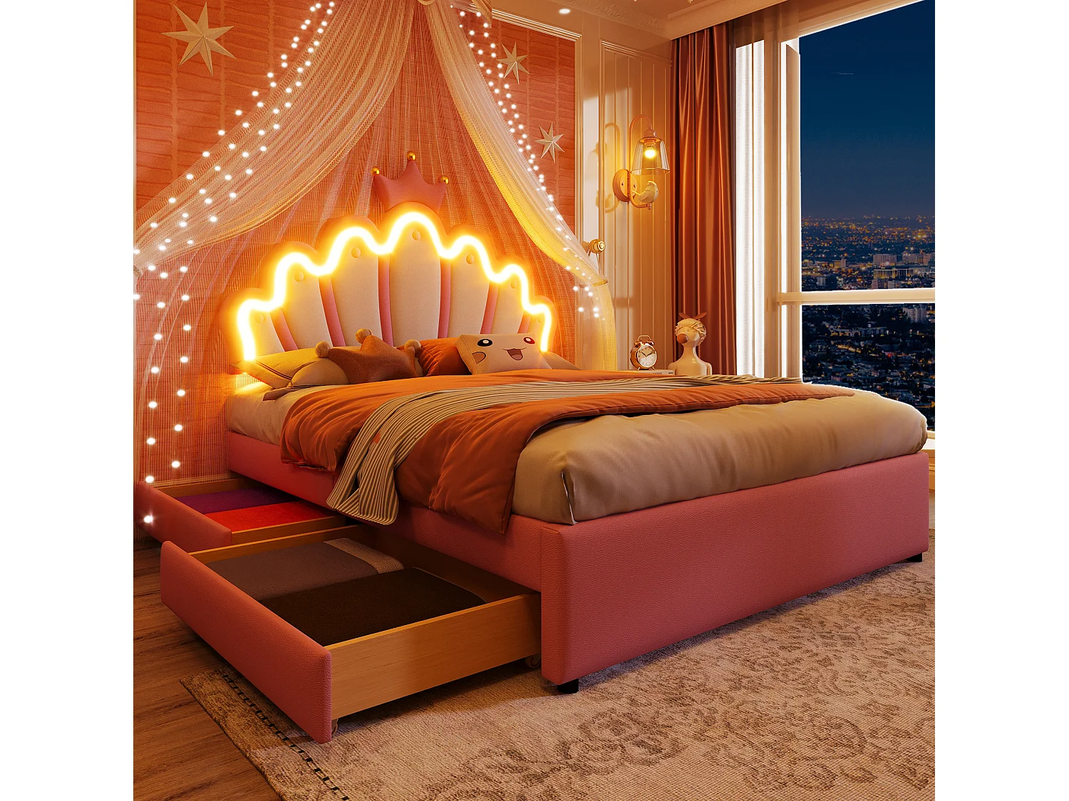 Lit enfant rembourré 140x200 cm - avec LED et 2 tiroirs - Rose