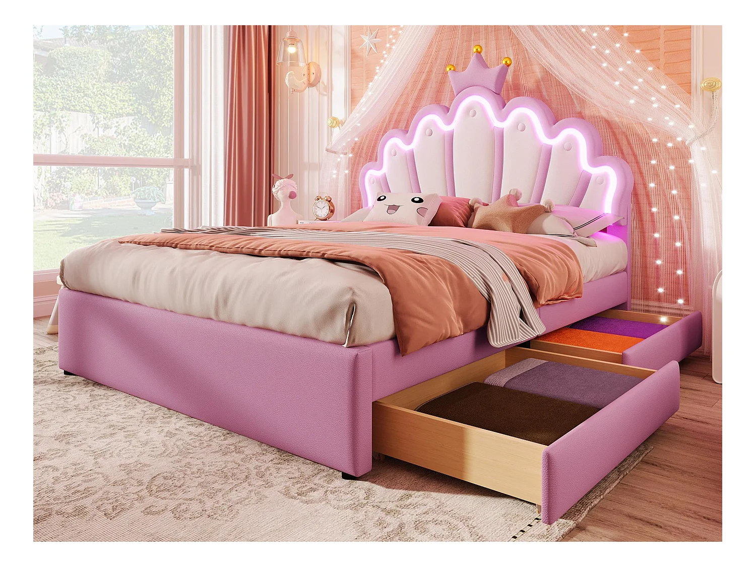 Lit enfant rembourré 140x200 cm - avec LED et 2 tiroirs - Rose