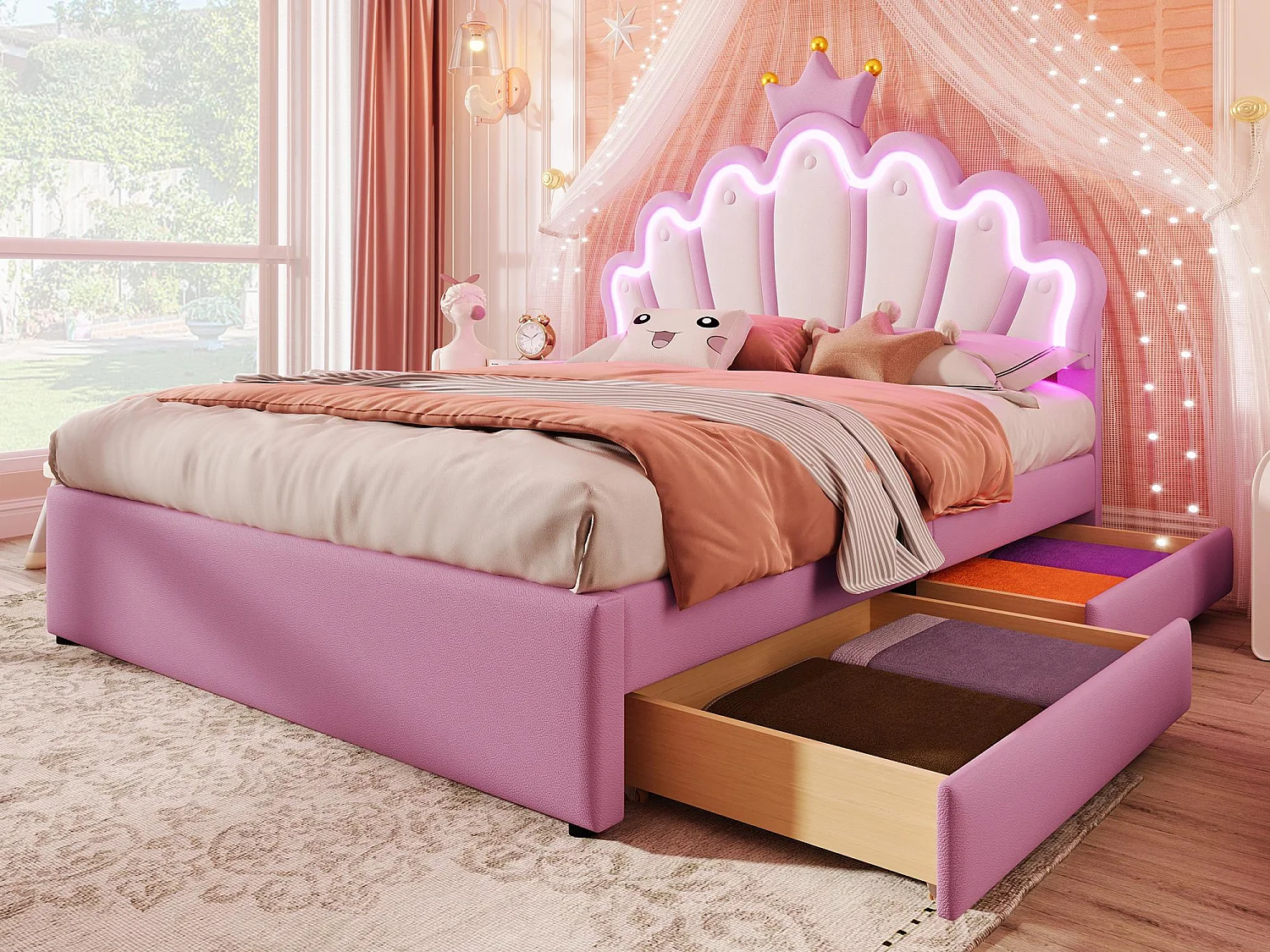 Gepolstertes Kinderbett 140x200 cm – mit LED und 2 Schubladen – Pink