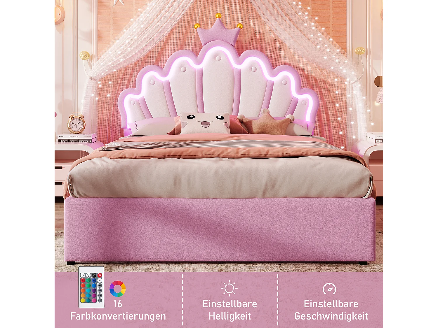 Gepolstertes Kinderbett 140x200 cm – mit LED und 2 Schubladen – Pink