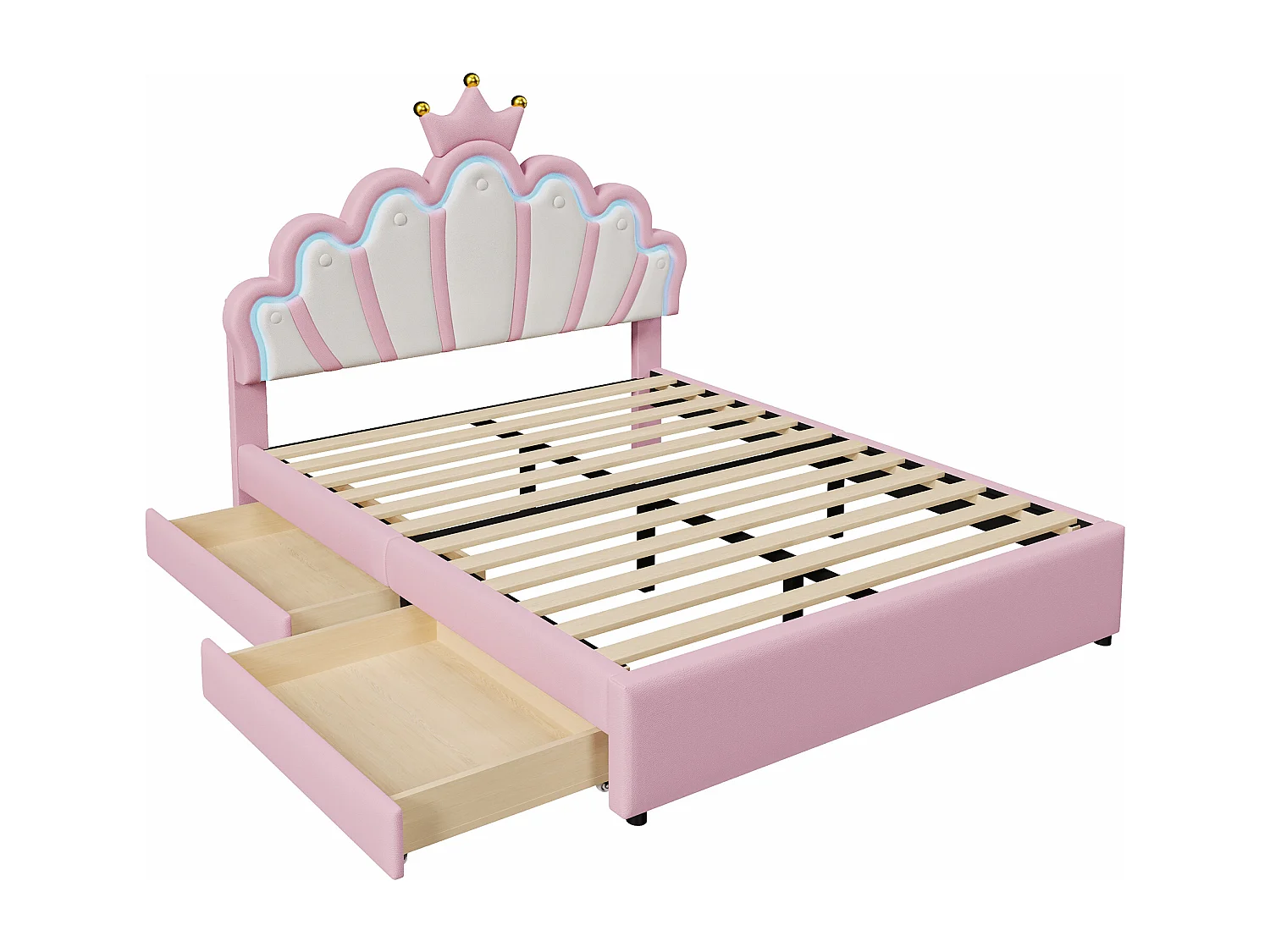 Gepolstertes Kinderbett 140x200 cm – mit LED und 2 Schubladen – Pink