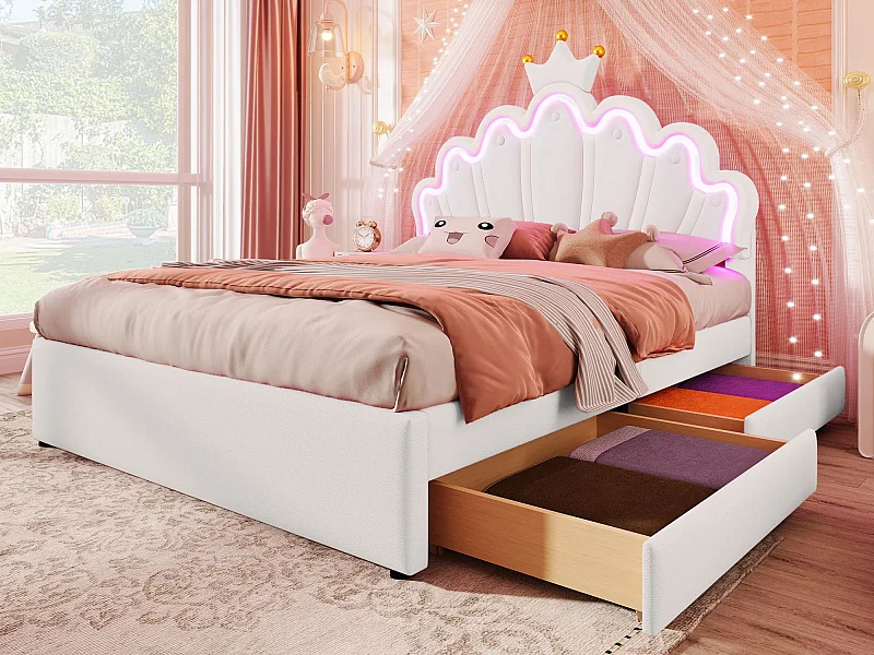 Gepolstertes Kinderbett 140x200 cm – mit LED und 2 Schubladen – Weiß