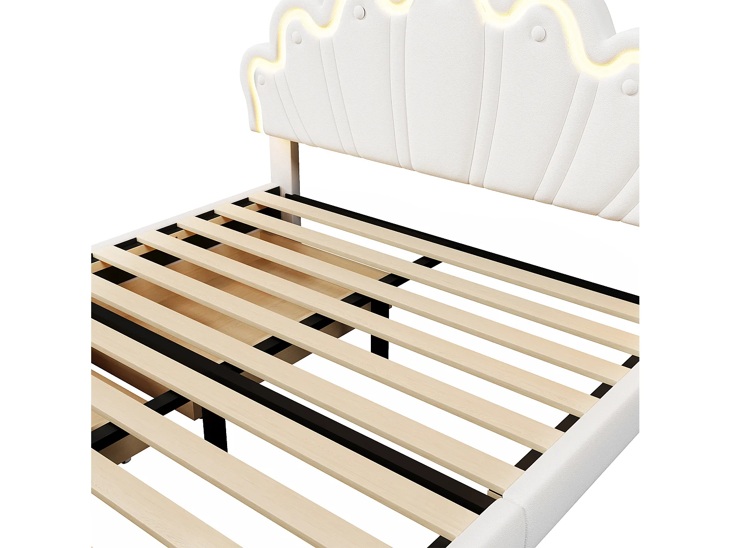 Lit enfant rembourré 140x200 cm - avec LED et 2 tiroirs - Blanc