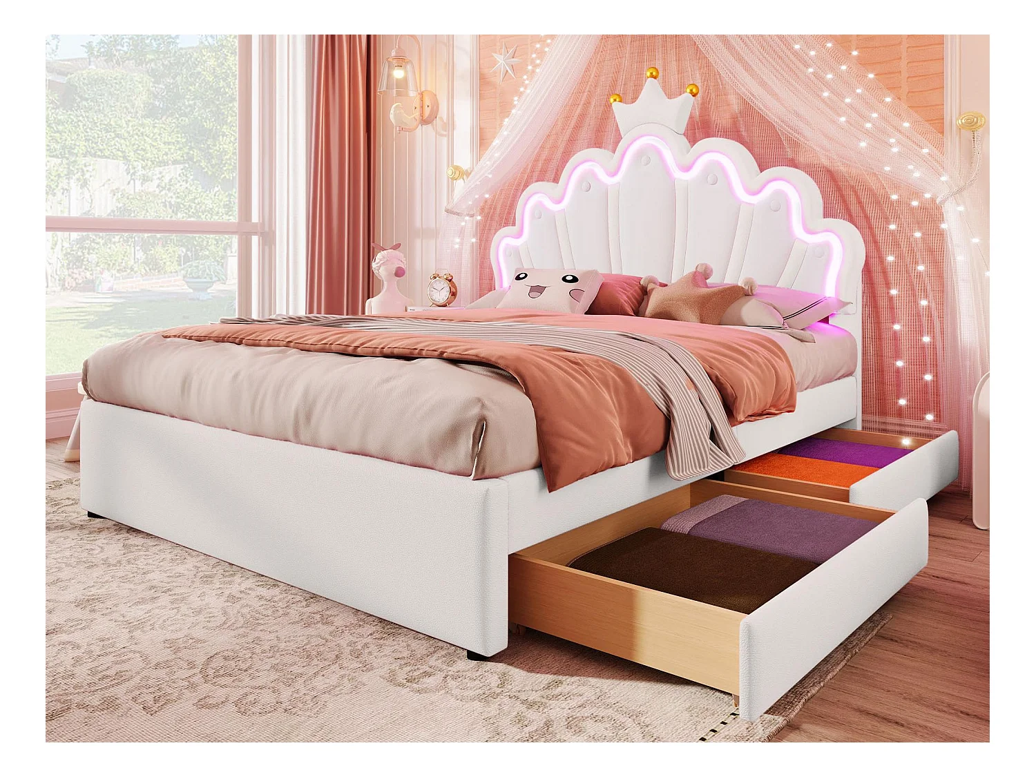 Lit enfant rembourré 140x200 cm - avec LED et 2 tiroirs - Blanc