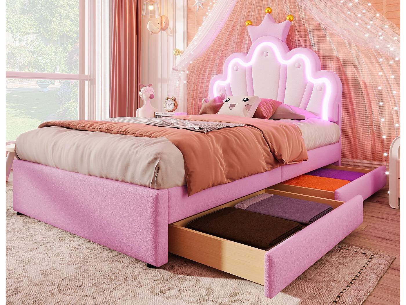 Daybed Imbottito Rosa 90x200 Con LED, USB, Scrivania E 2 Cassetti