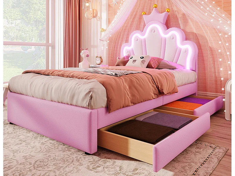 Letto imbottito per bambini 90x200 cm - con LED e 2 cassetti - Rosa
