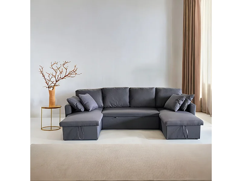 Sofá panorâmico conversível de 4 lugares em tecido MAHÉ - Cinza Escuro com Armazenamento