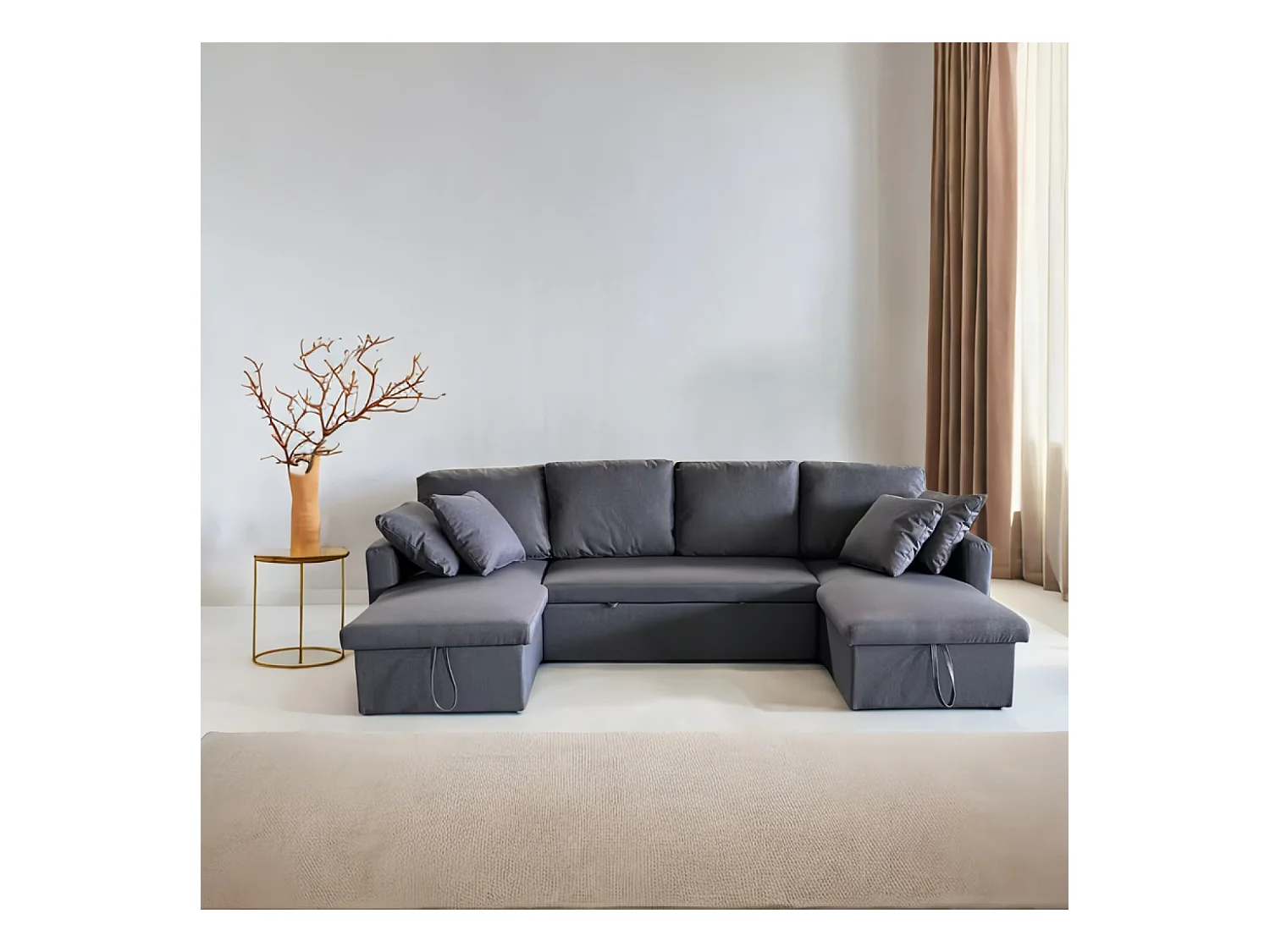 Canapé panoramique convertible avec coffre 4 places en tissu - gris foncé MAHÉ
