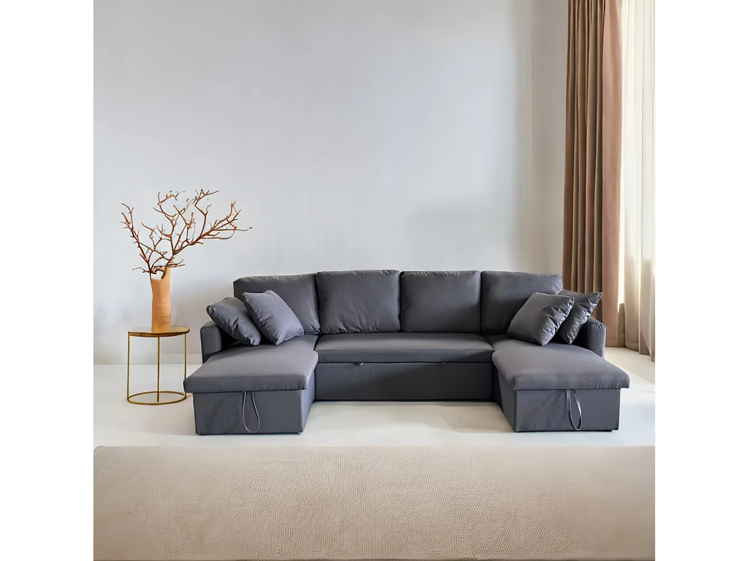 Canapé panoramique convertible avec coffre 4 places en tissu - gris foncé MAHÉ