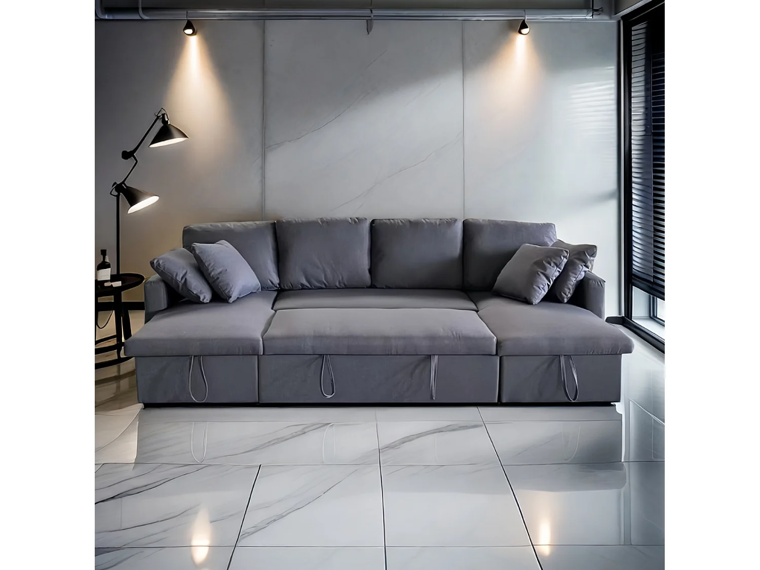 Canapé panoramique convertible avec coffre 4 places en tissu - gris foncé MAHÉ