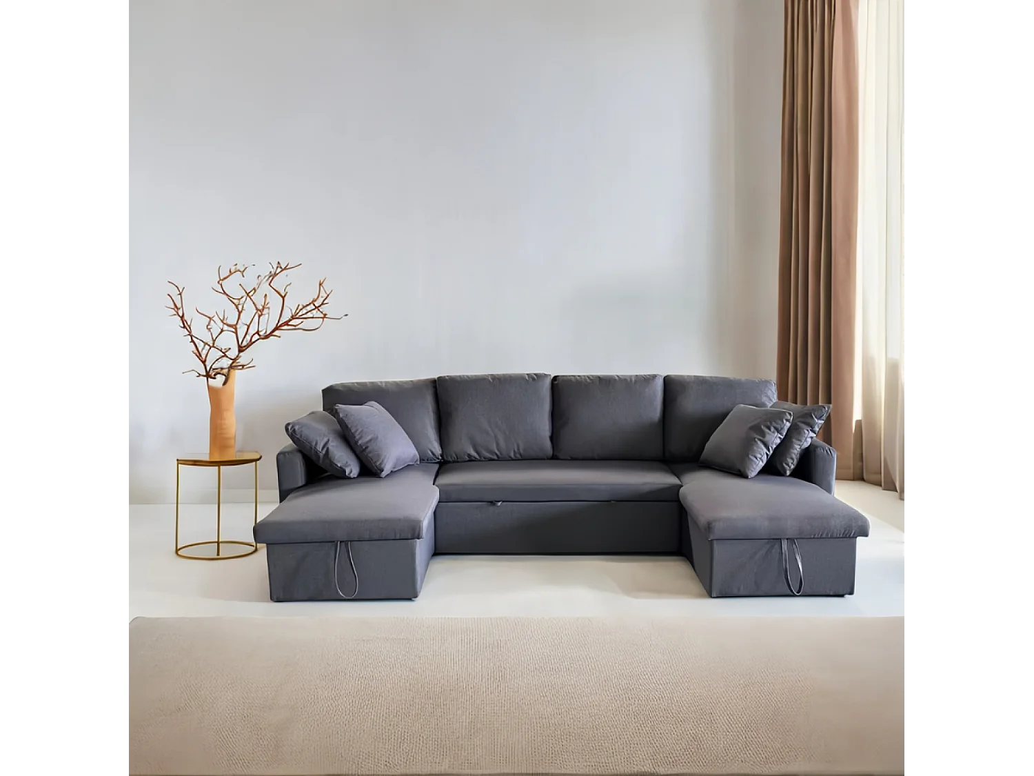 Canapé panoramique convertible avec coffre 4 places en tissu - gris foncé MAHÉ