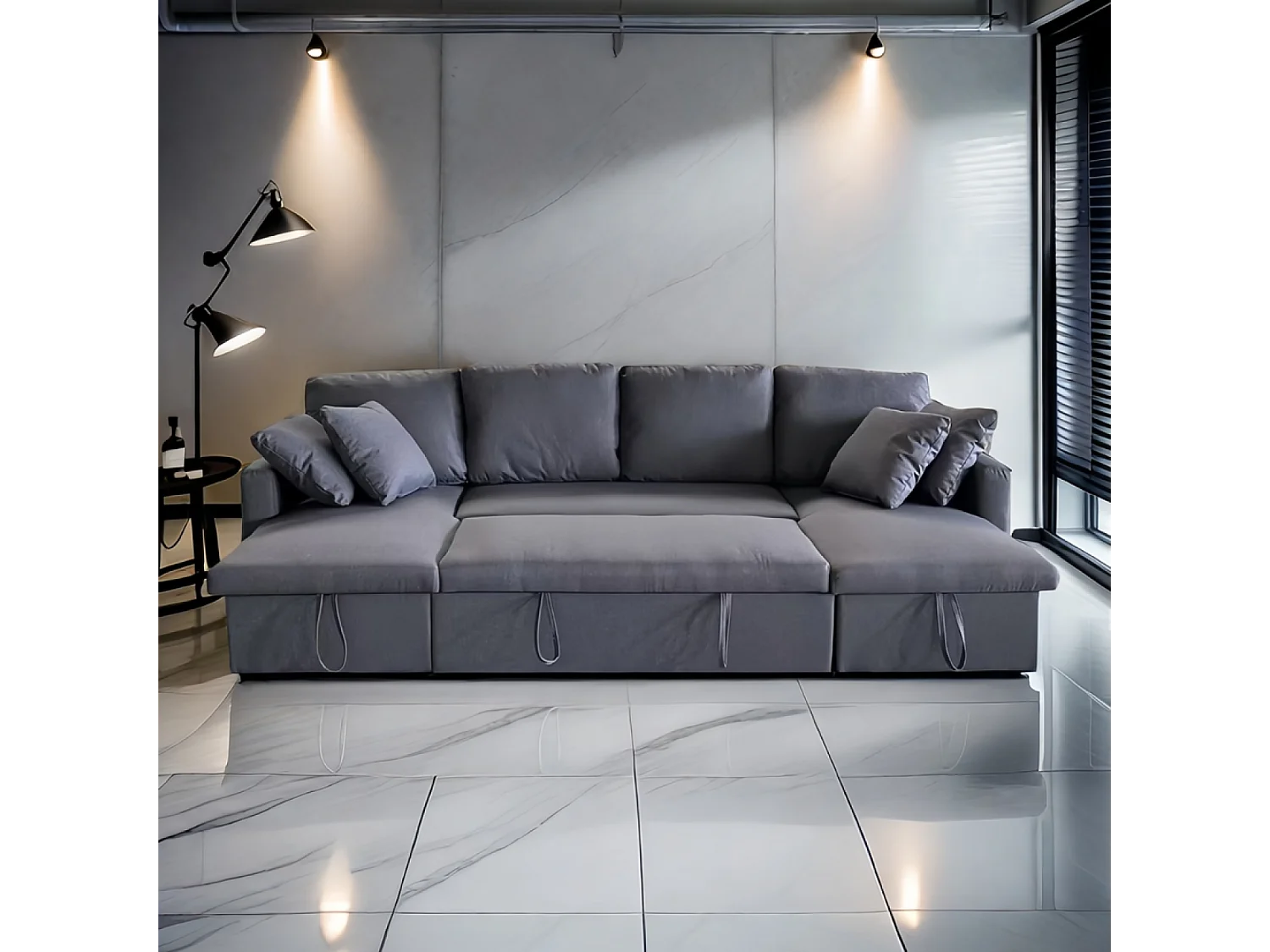 Canapé panoramique convertible avec coffre 4 places en tissu - gris foncé MAHÉ