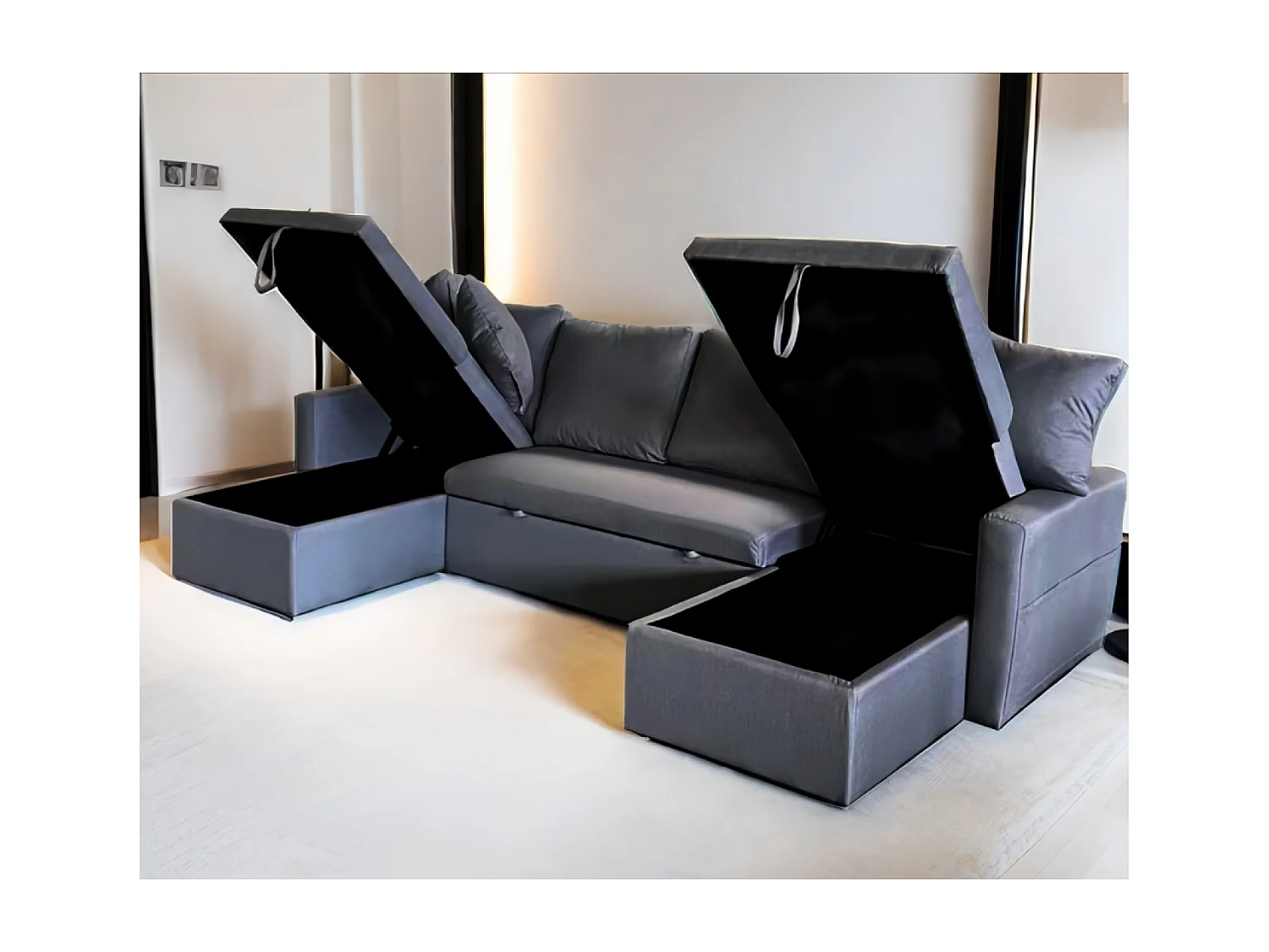 Sofá convertible panorámico 4 plazas con box en tejido MAHÉ - gris oscuro
